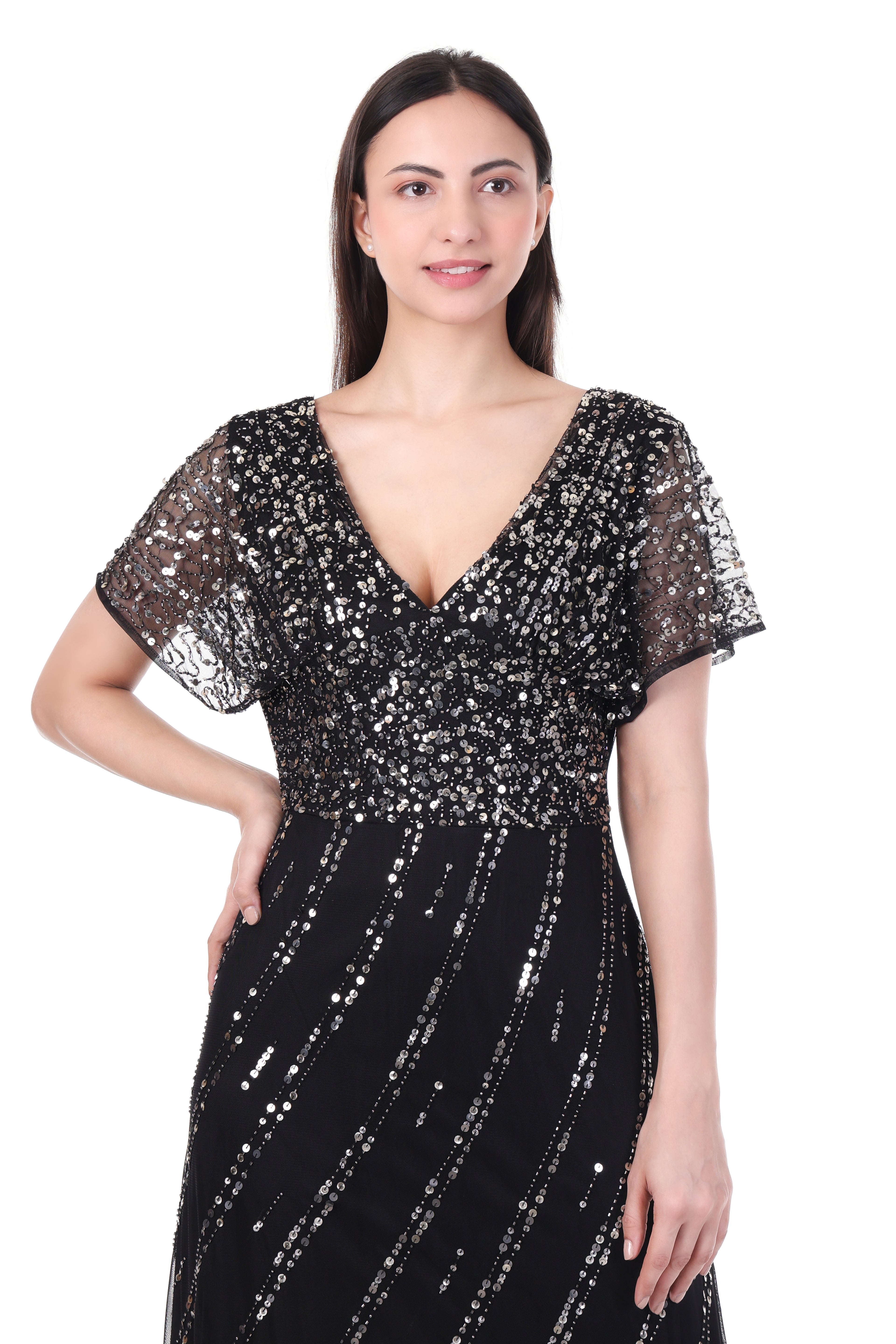 FamIndia Black Sequin Maxi Dress for Women – Elegant Evening & Party Wear