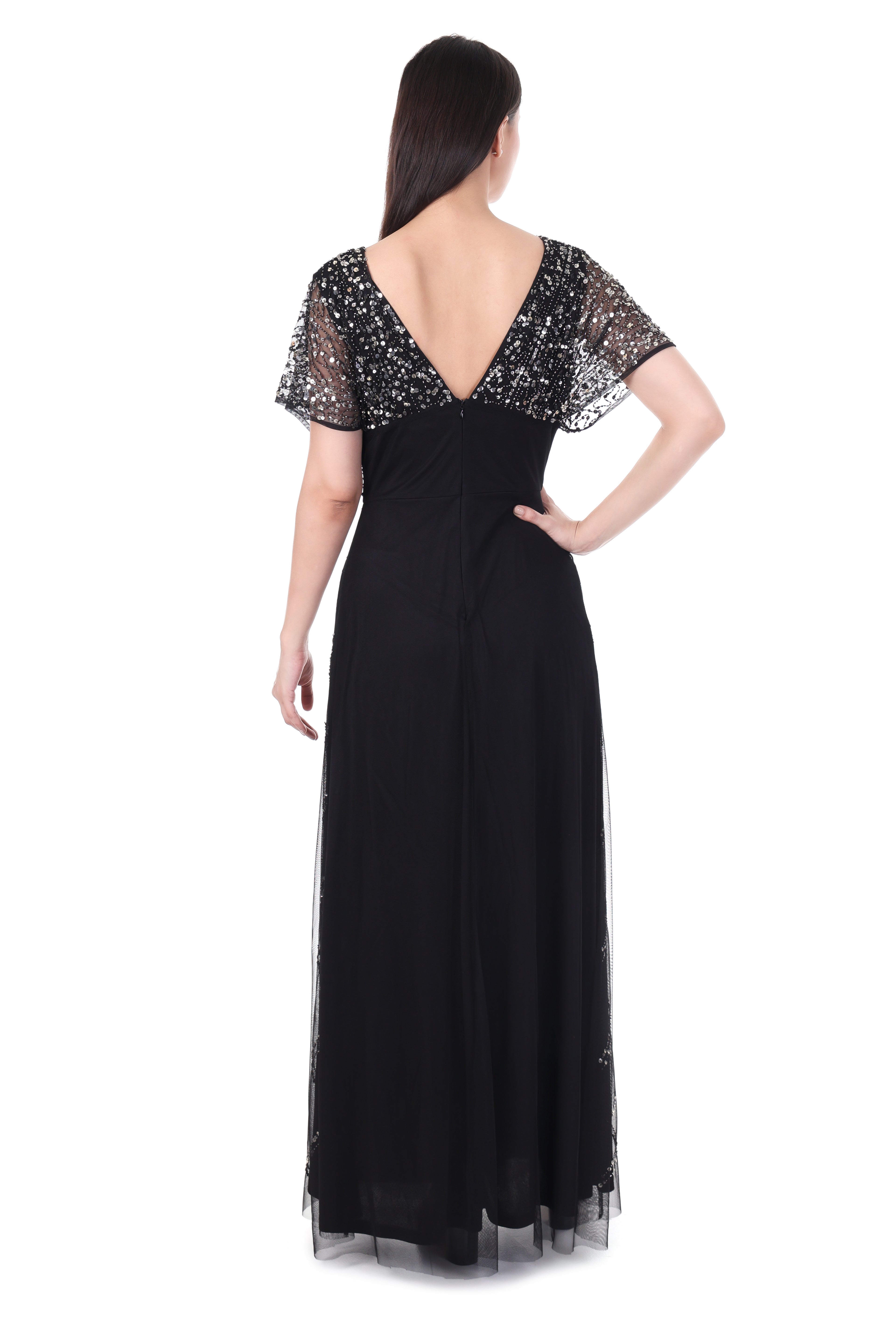 FamIndia Black Sequin Maxi Dress for Women – Elegant Evening & Party Wear