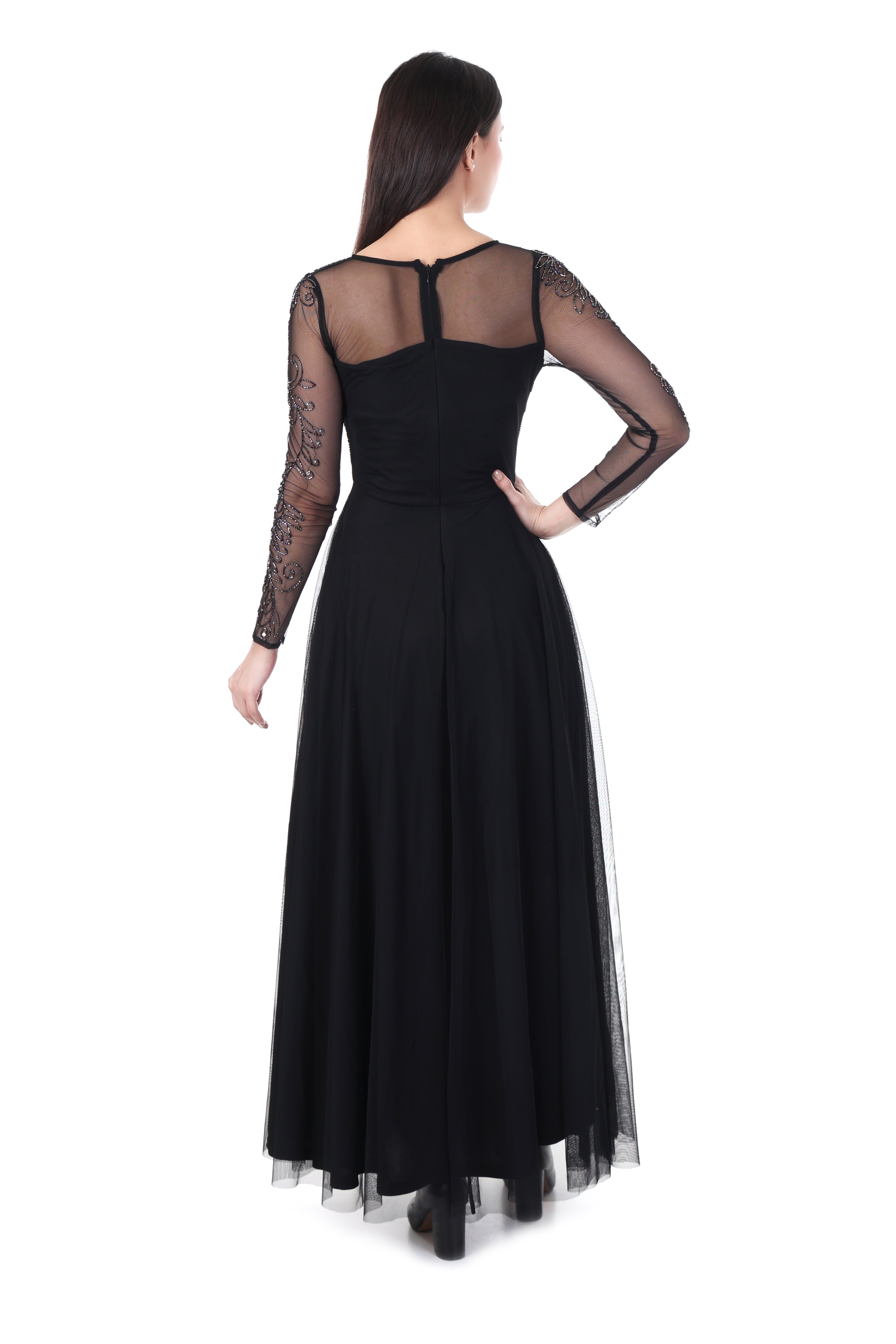 Famindia Women's Black Embroidered Net Long Gown Dress with Sheer Full Sleeves – Party & Evening Wear