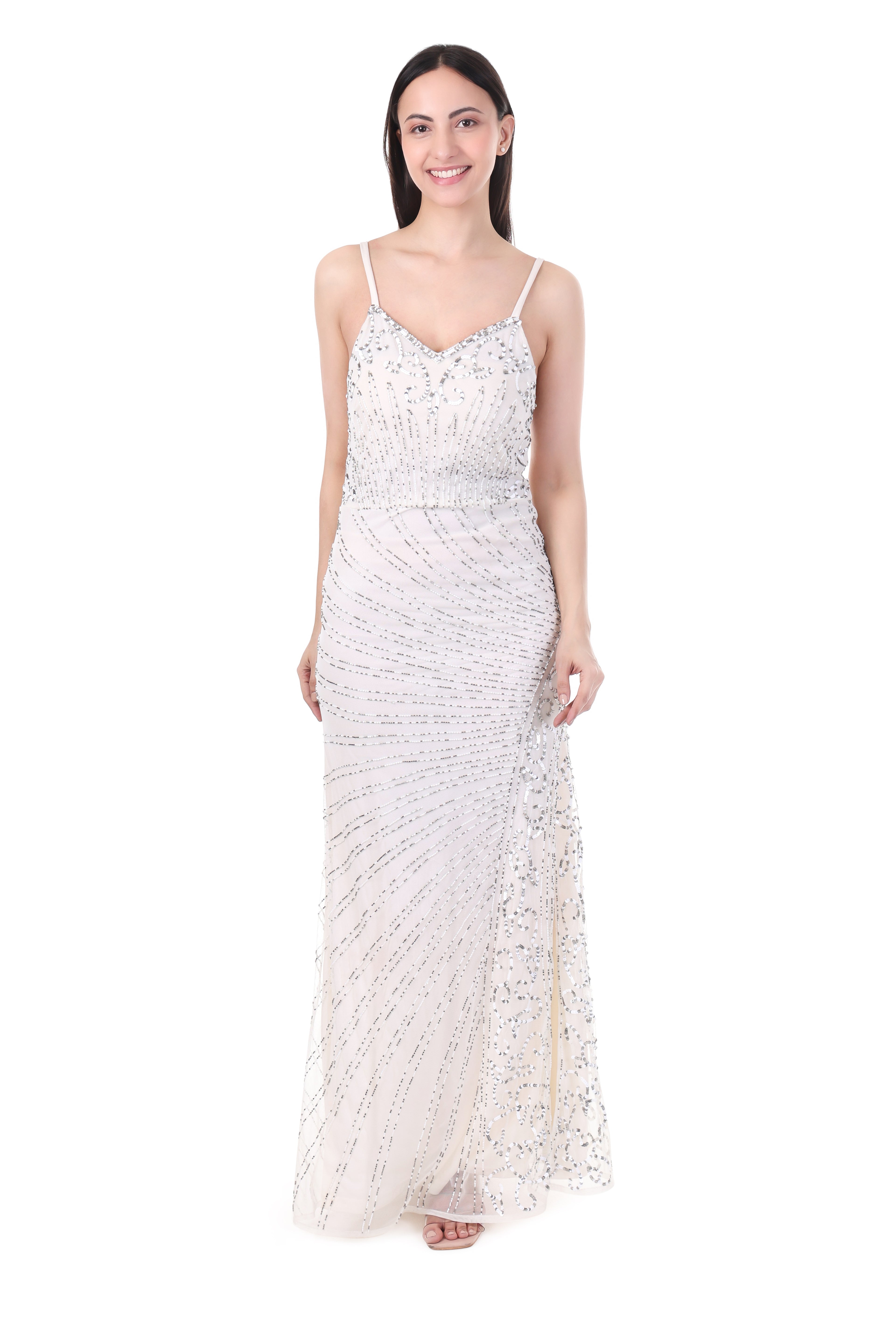 Elegant White Sequin Evening Gown with Spaghetti Straps