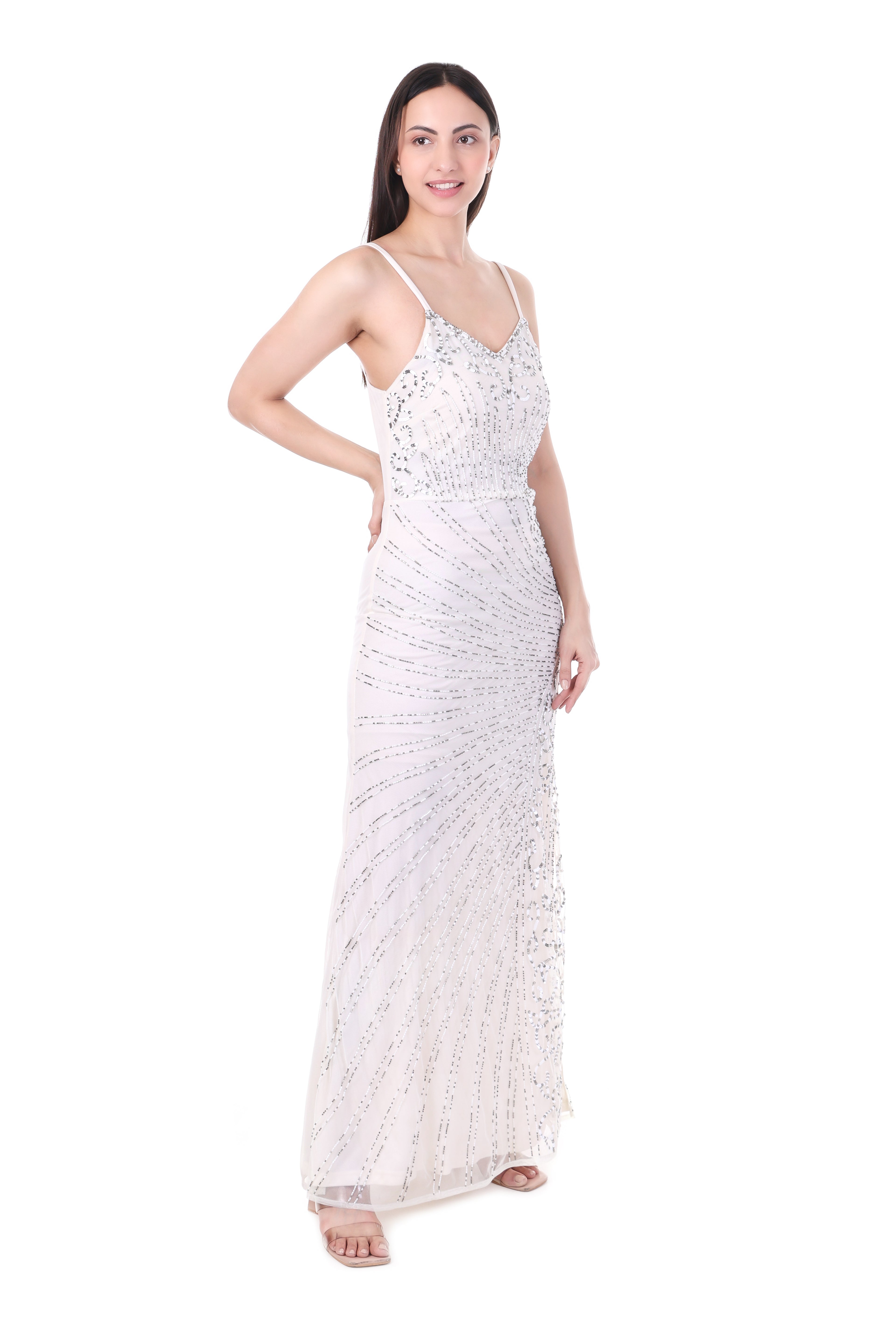 Elegant White Sequin Evening Gown with Spaghetti Straps