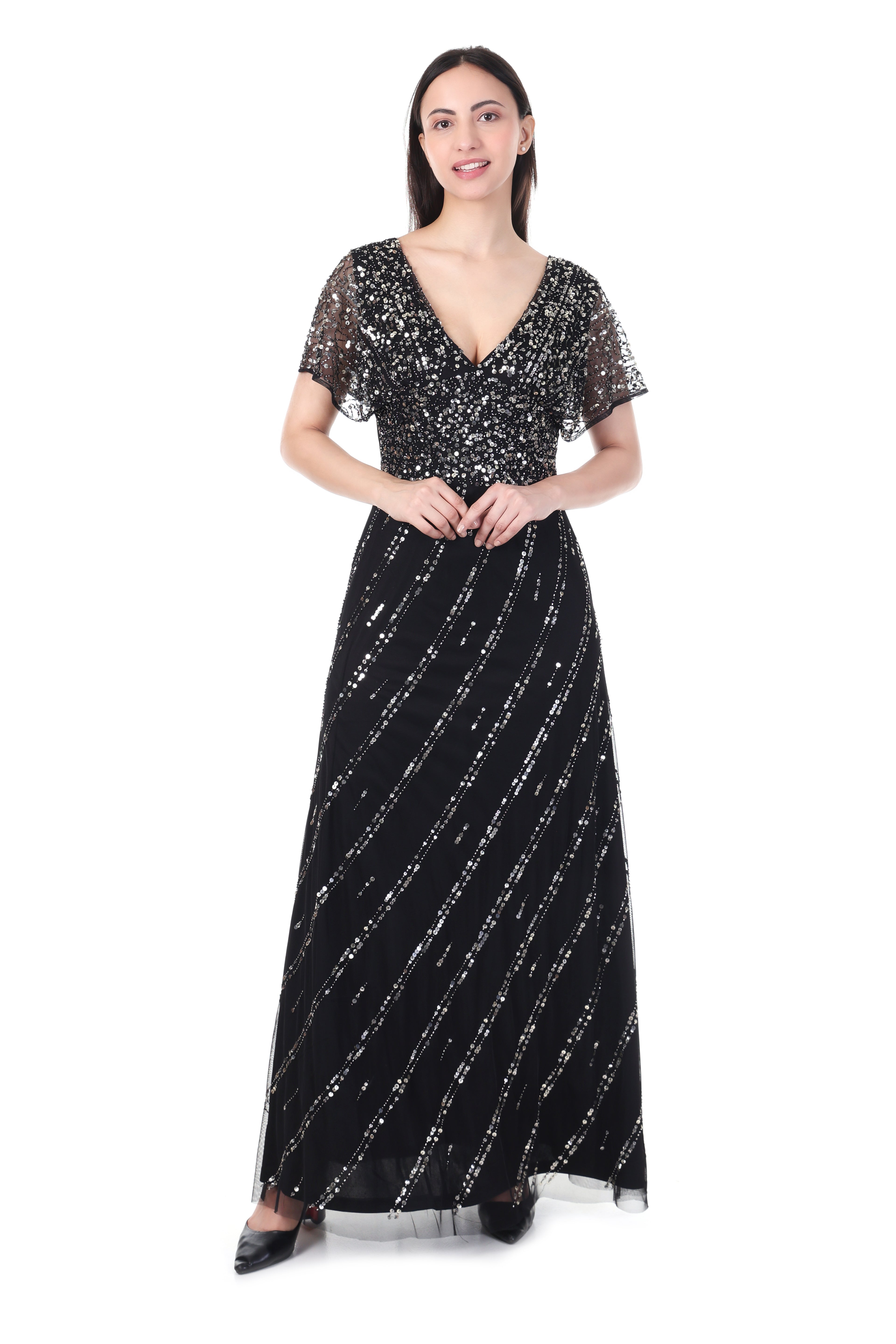 FamIndia Black Sequin Maxi Dress for Women – Elegant Evening & Party Wear