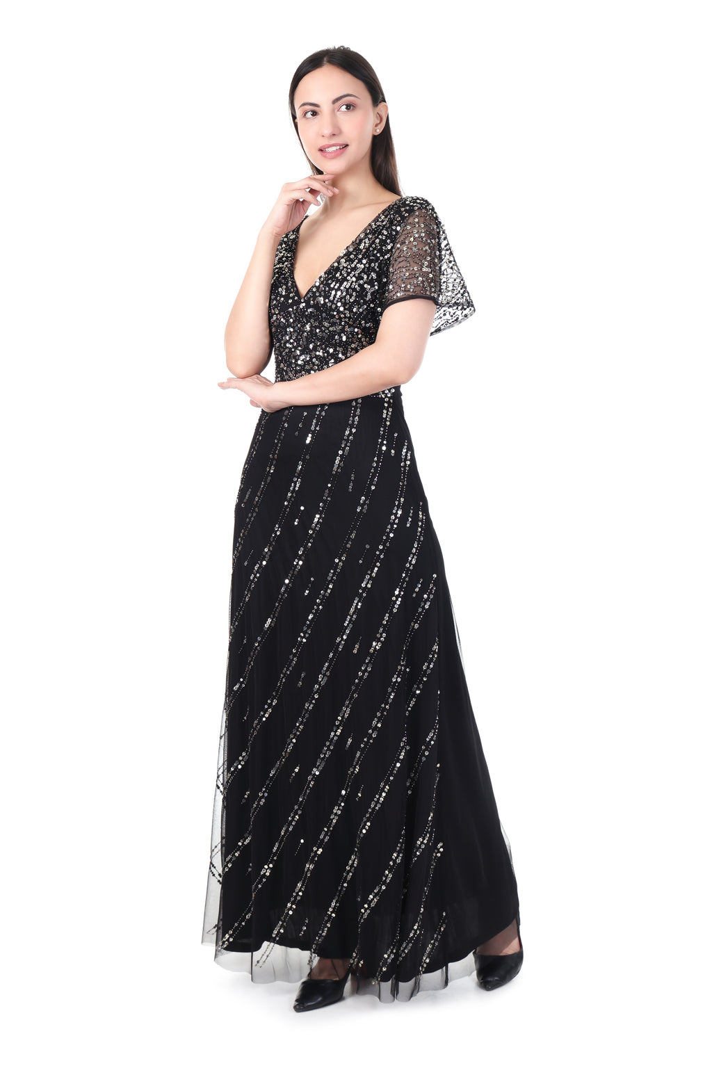 FamIndia Black Sequin Maxi Dress for Women – Elegant Evening & Party Wear