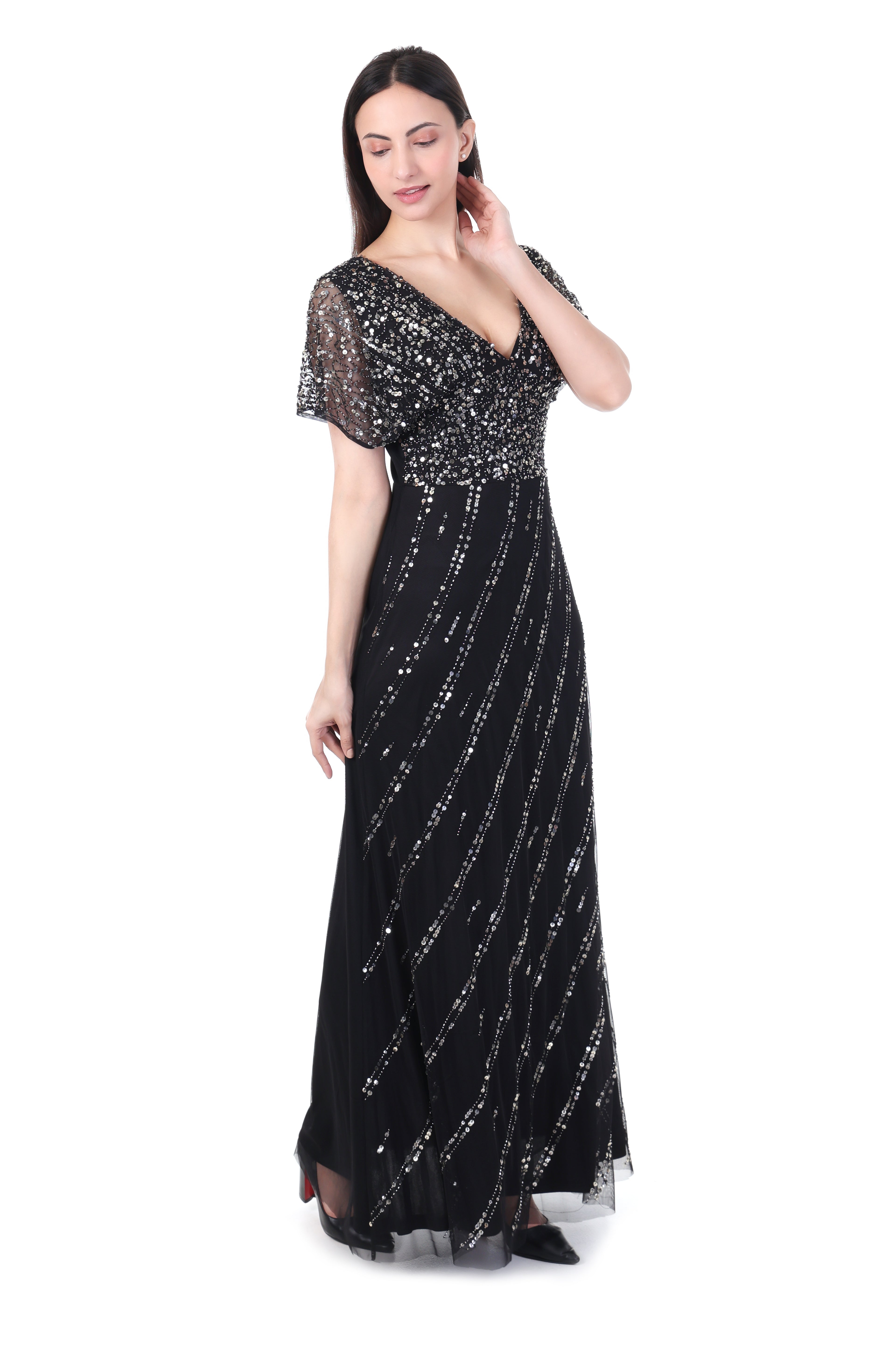 FamIndia Black Sequin Maxi Dress for Women – Elegant Evening & Party Wear
