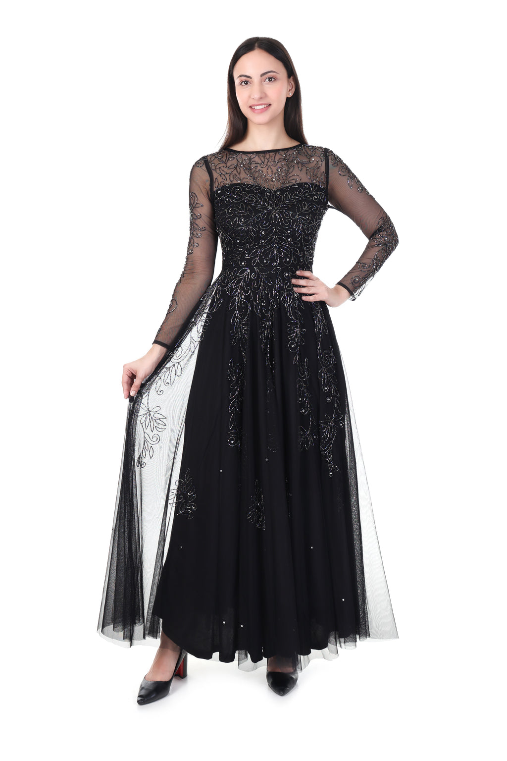 Famindia Women's Black Embroidered Net Long Gown Dress with Sheer Full Sleeves – Party & Evening Wear