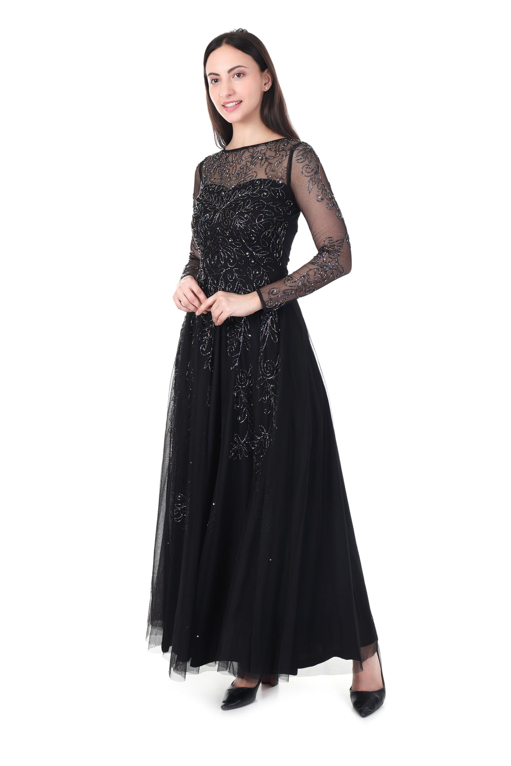 Famindia Women's Black Embroidered Net Long Gown Dress with Sheer Full Sleeves – Party & Evening Wear