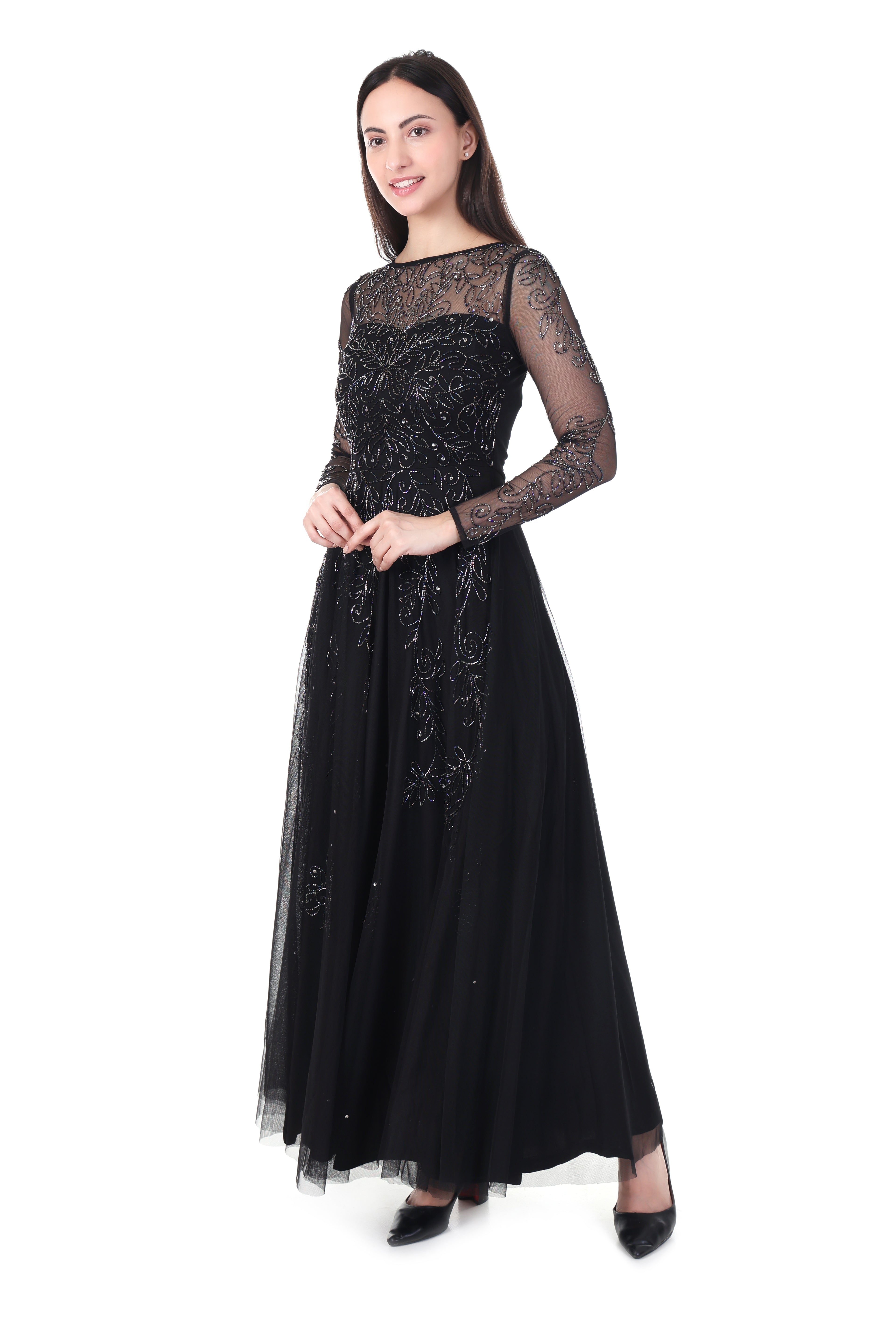 Famindia Women's Black Embroidered Net Long Gown Dress with Sheer Full Sleeves – Party & Evening Wear