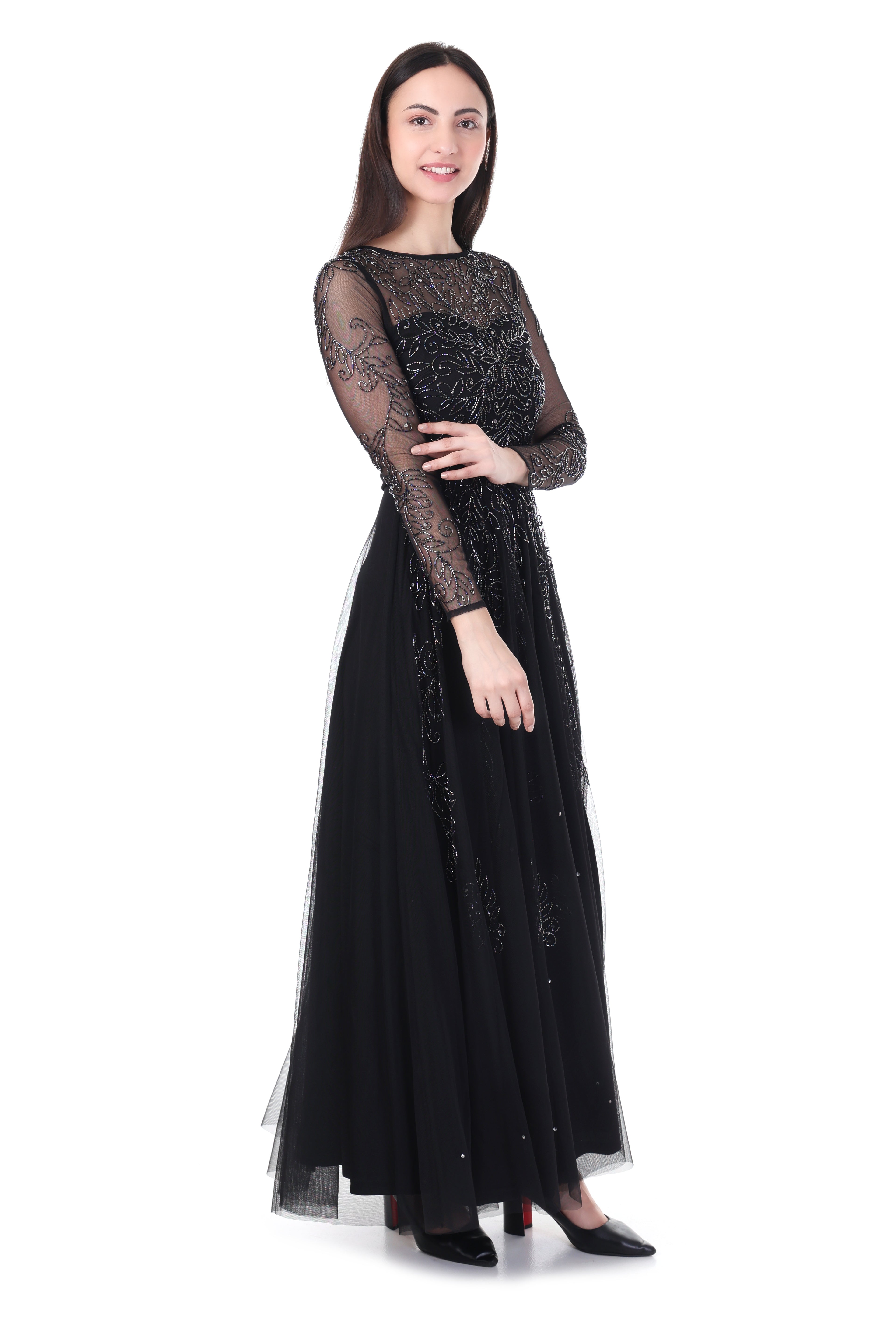 Famindia Women's Black Embroidered Net Long Gown Dress with Sheer Full Sleeves – Party & Evening Wear