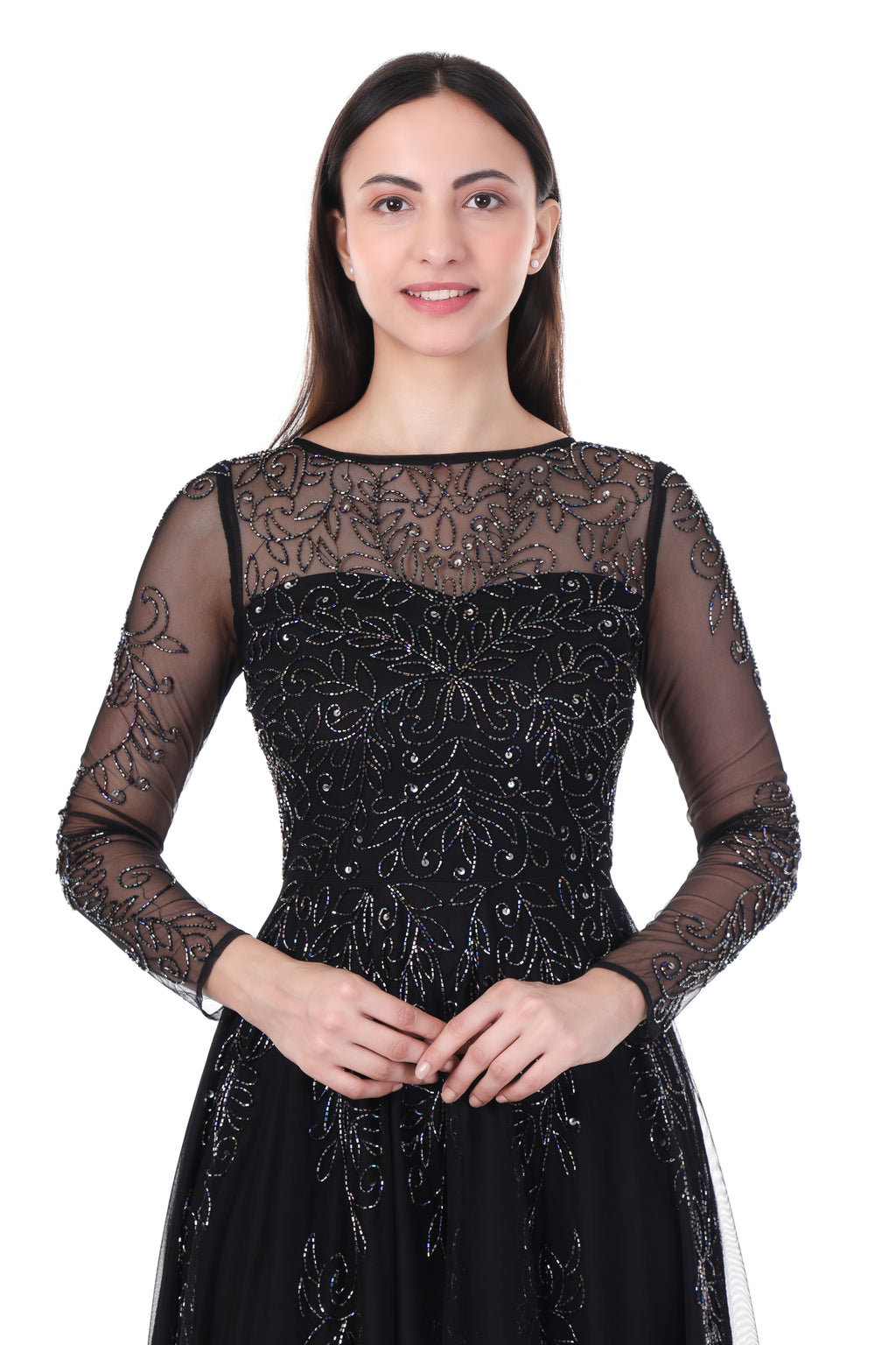 Famindia Women's Black Embroidered Net Long Gown Dress with Sheer Full Sleeves – Party & Evening Wear