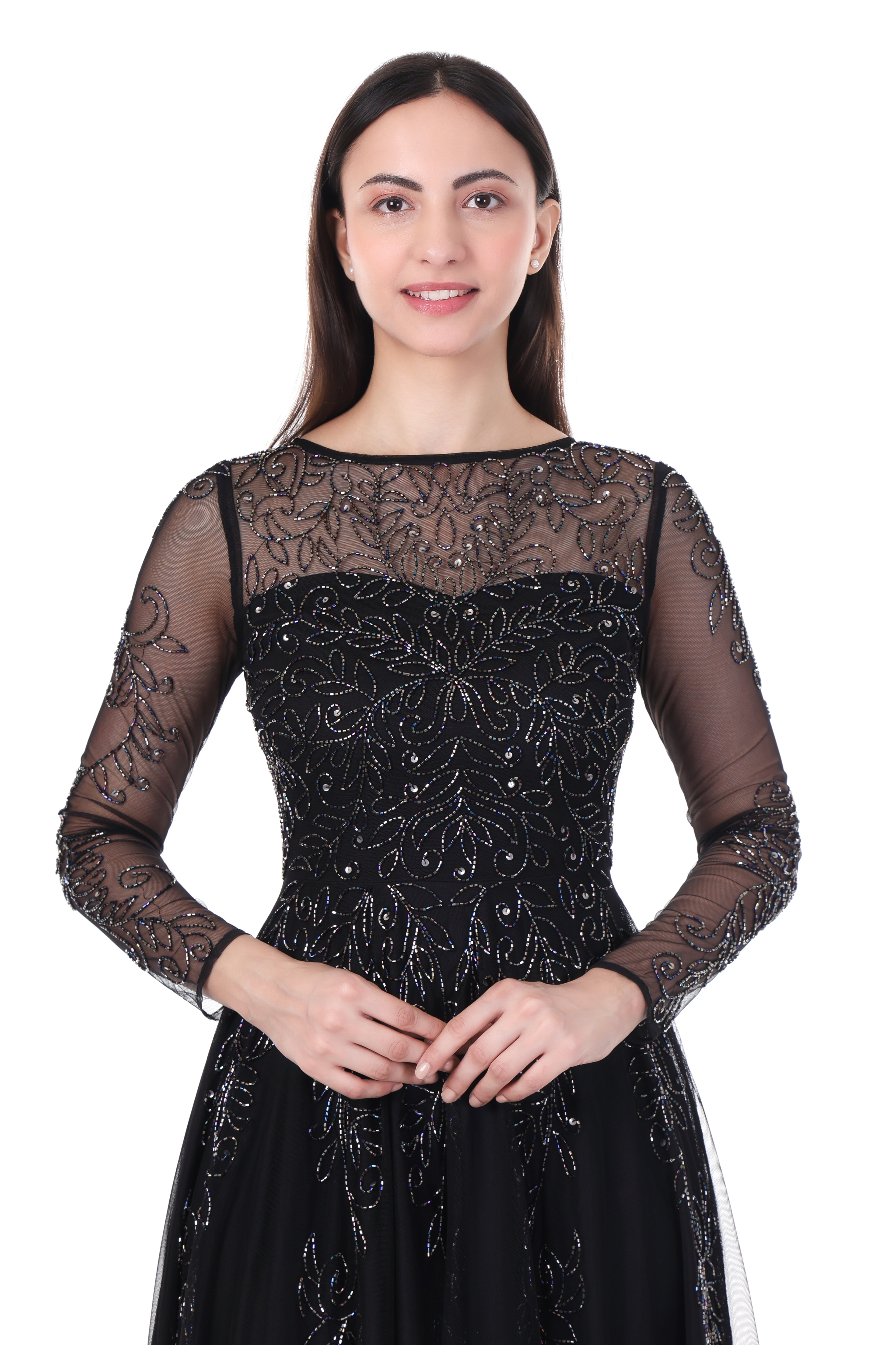 Famindia Women's Black Embroidered Net Long Gown Dress with Sheer Full Sleeves – Party & Evening Wear