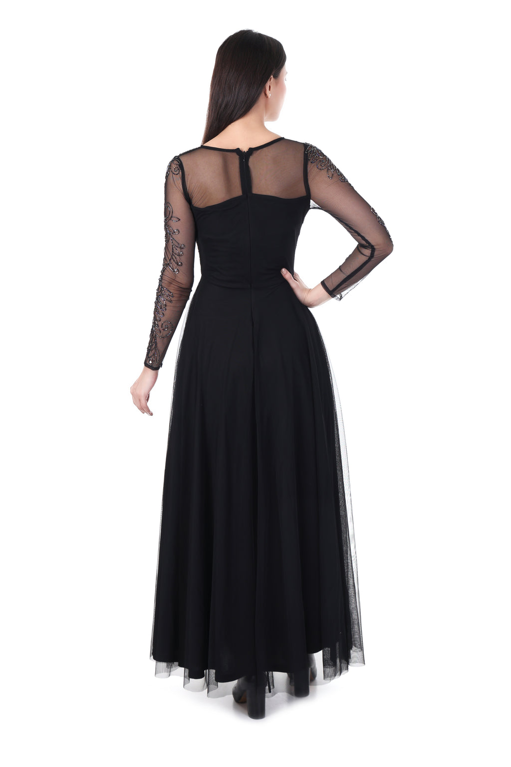 Famindia Women's Black Embroidered Net Long Gown Dress with Sheer Full Sleeves – Party & Evening Wear