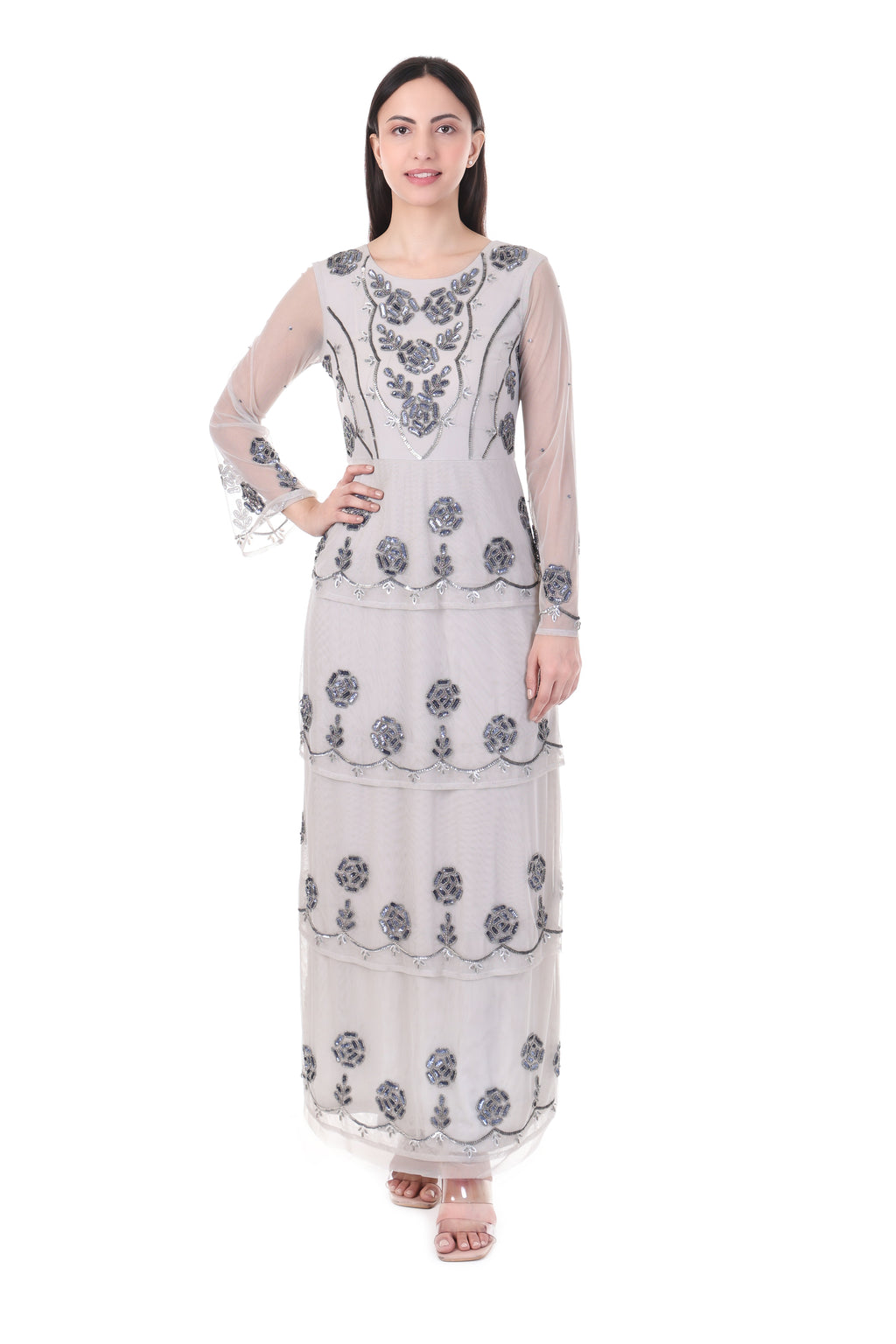 FAM India Ivory Embellished Layered Kurta Set with Sheer Sleeves