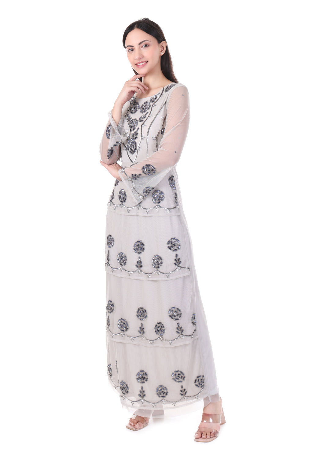 FAM India Ivory Embellished Layered Kurta Set with Sheer Sleeves