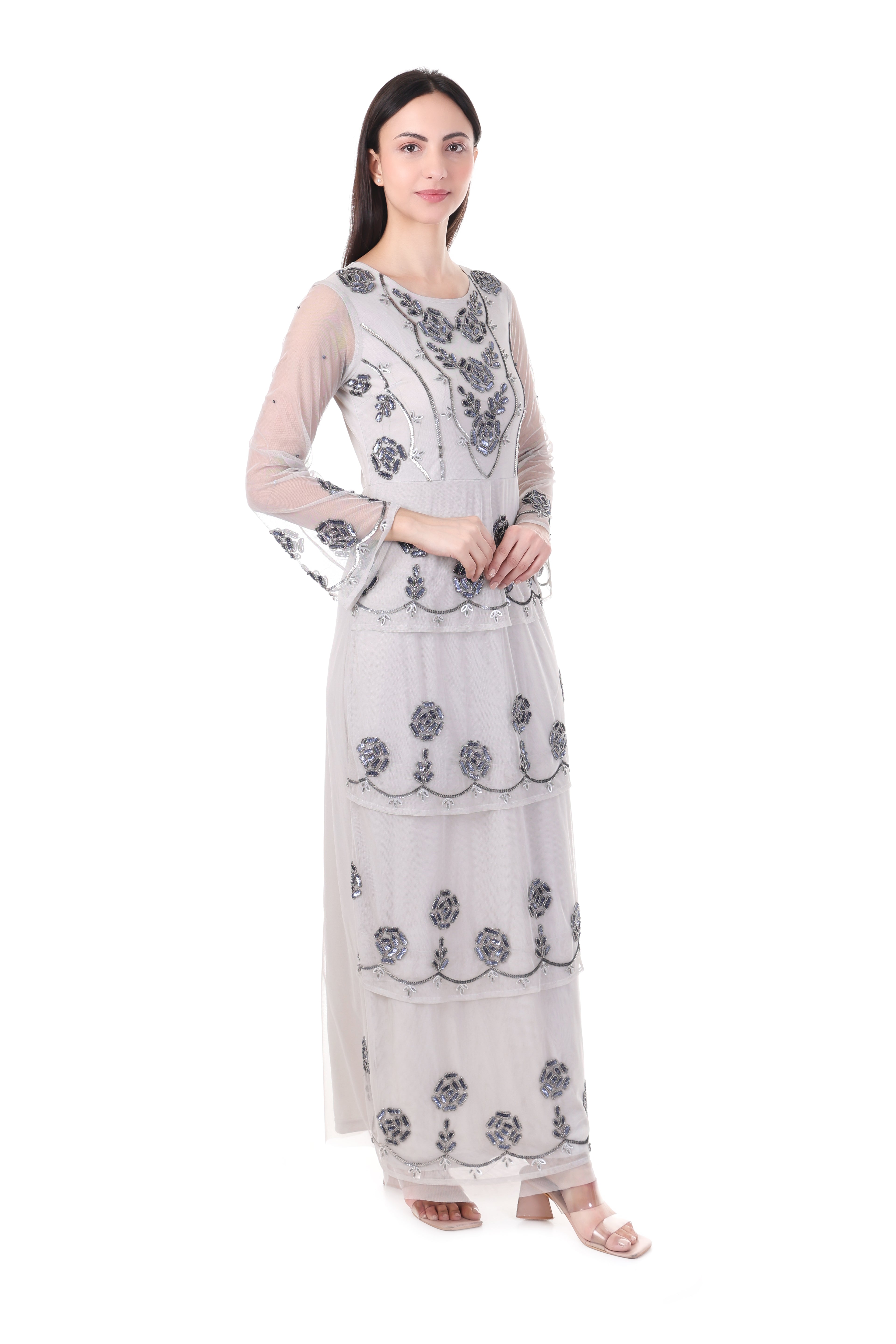 FAM India Ivory Embellished Layered Kurta Set with Sheer Sleeves