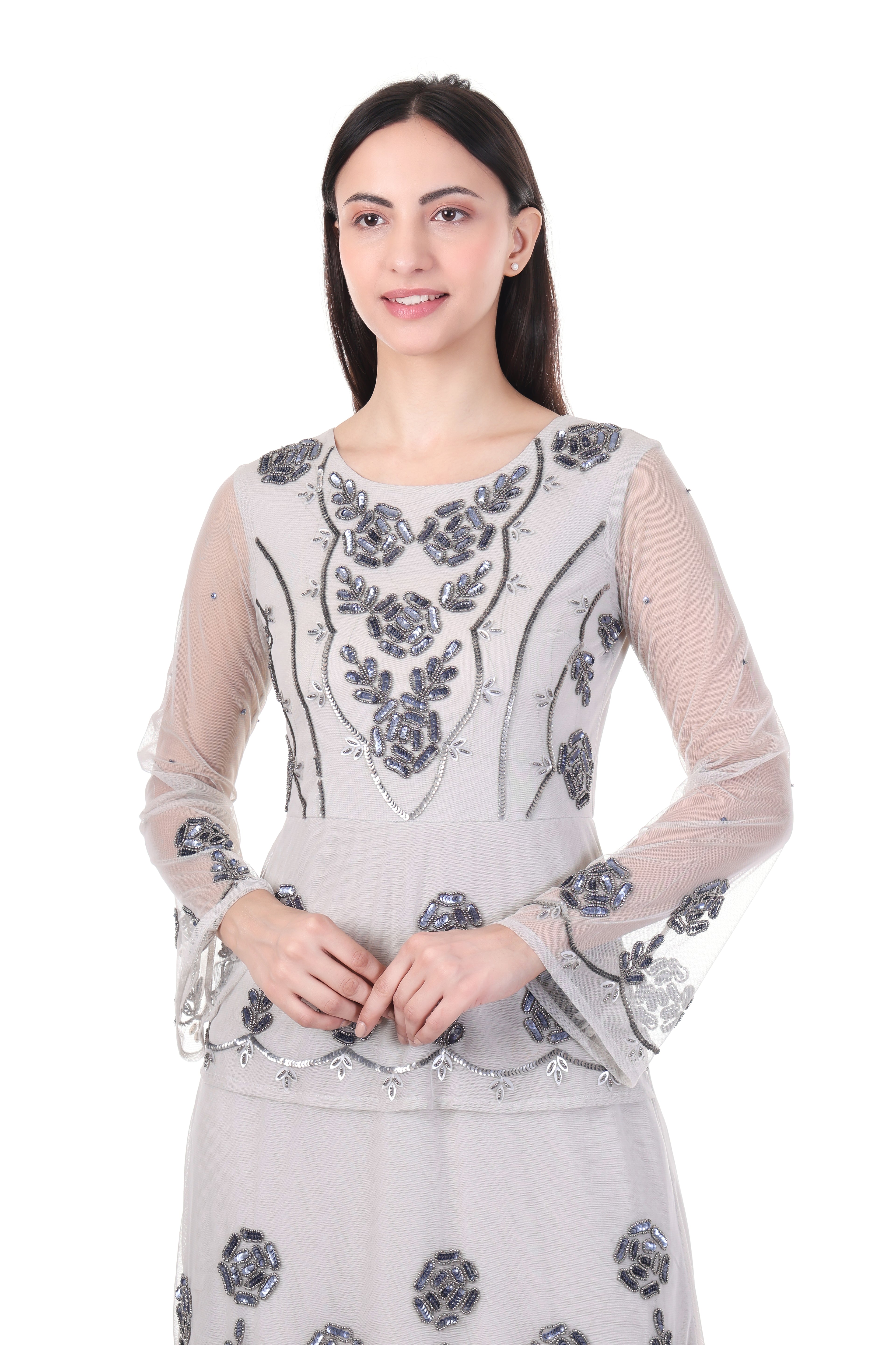 FAM India Ivory Embellished Layered Kurta Set with Sheer Sleeves