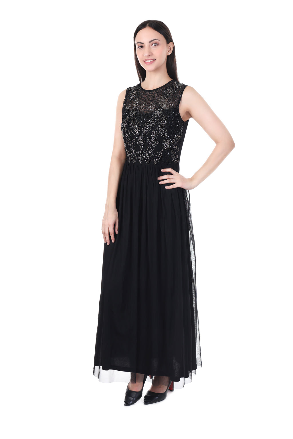FAM India Black Embellished Maxi Gown | Elegant Sleeveless Evening Party Wear Dress for Women