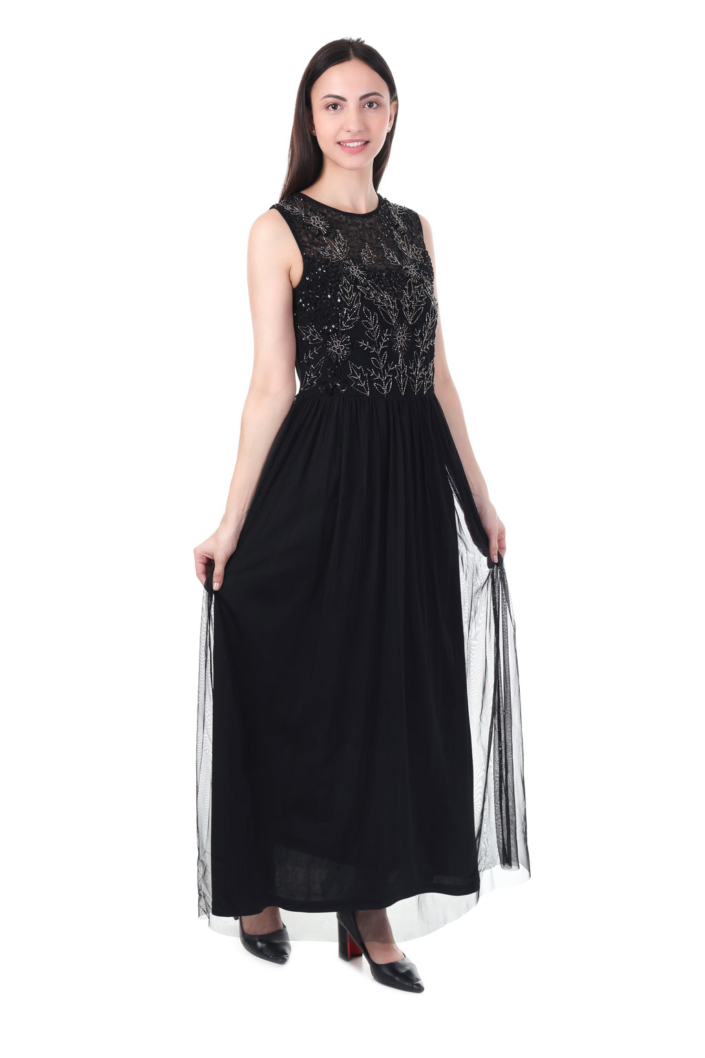 FAM India Black Embellished Maxi Gown | Elegant Sleeveless Evening Party Wear Dress for Women