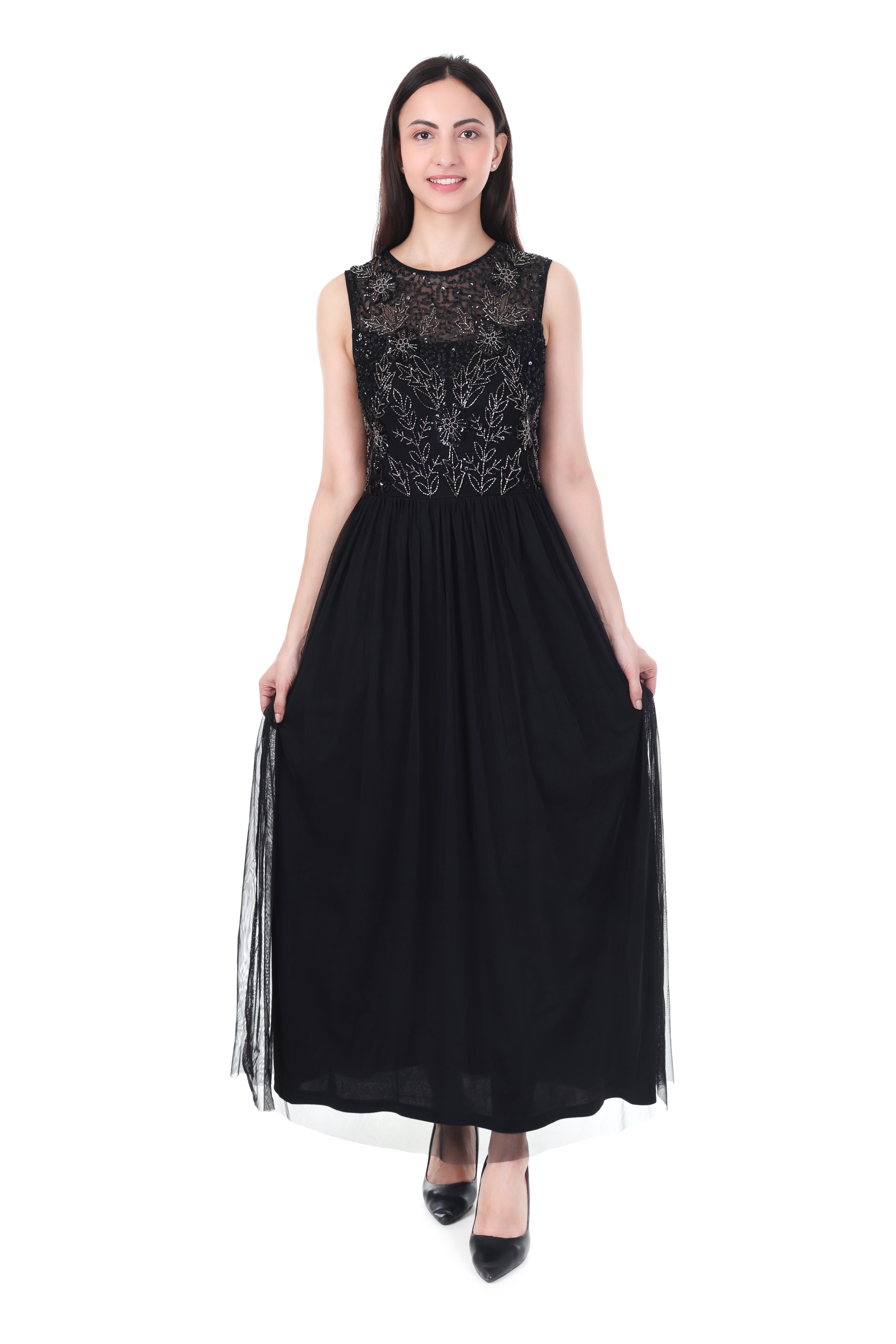 FAM India Black Embellished Maxi Gown | Elegant Sleeveless Evening Party Wear Dress for Women