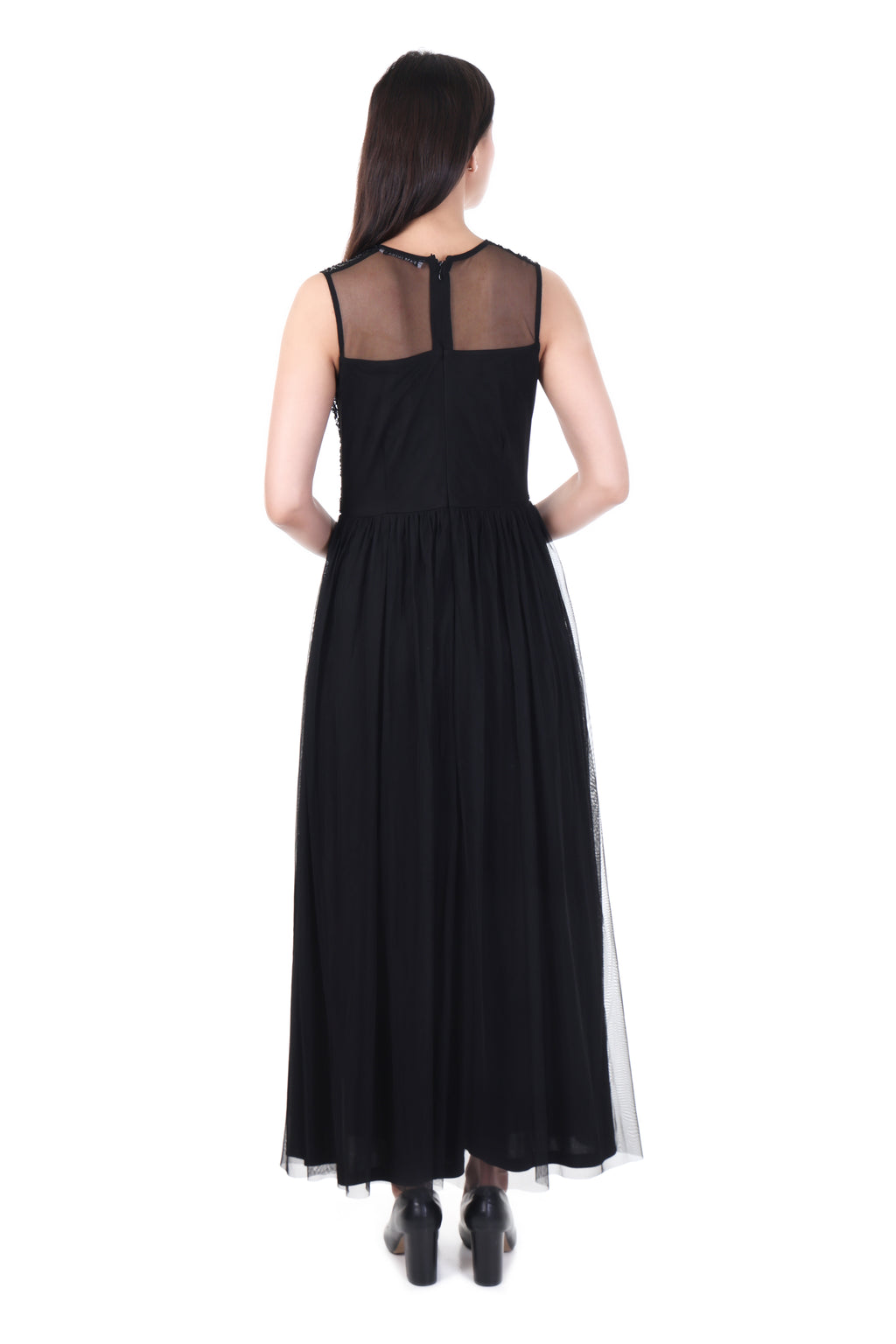 FAM India Black Embellished Maxi Gown | Elegant Sleeveless Evening Party Wear Dress for Women