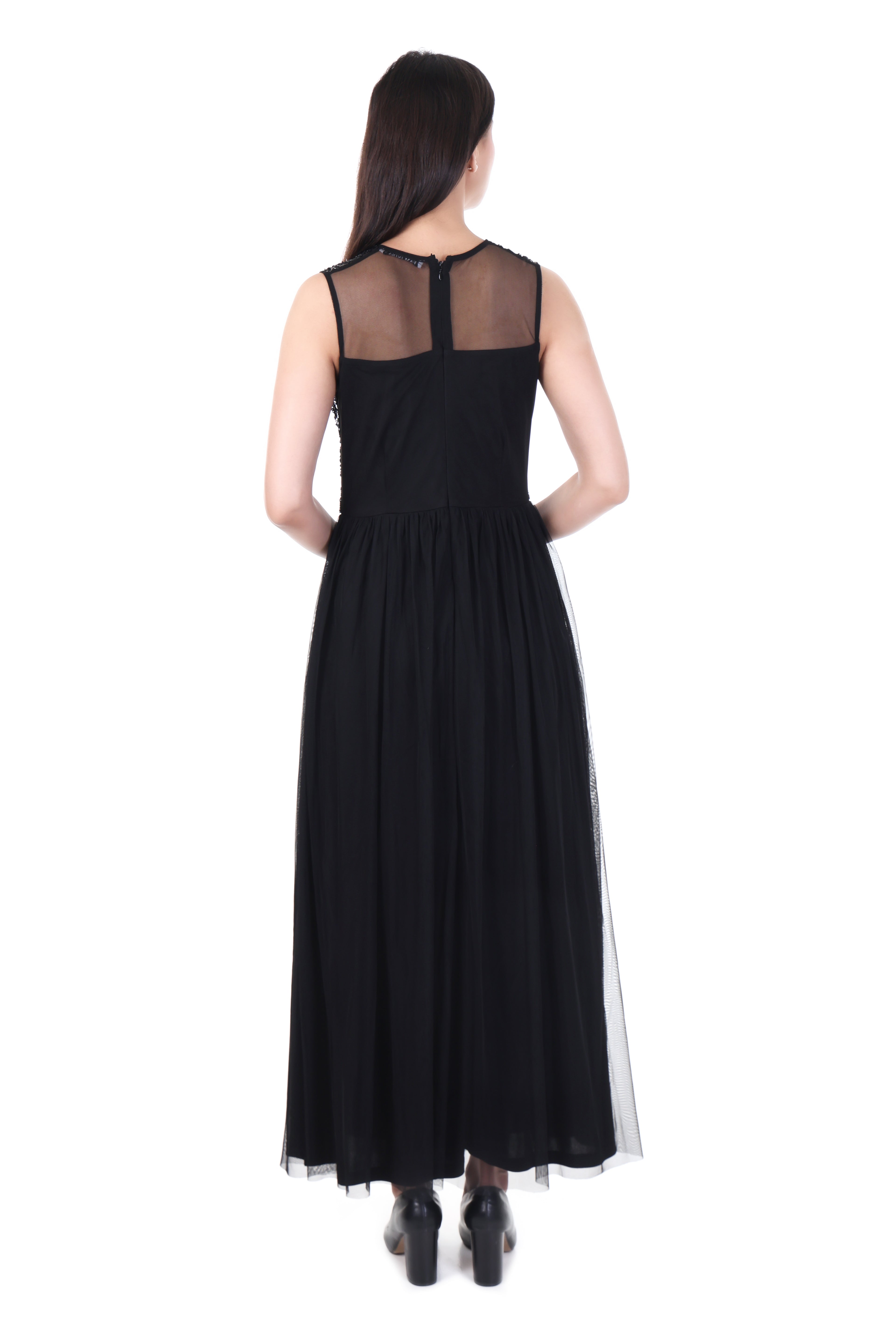 FAM India Black Embellished Maxi Gown | Elegant Sleeveless Evening Party Wear Dress for Women