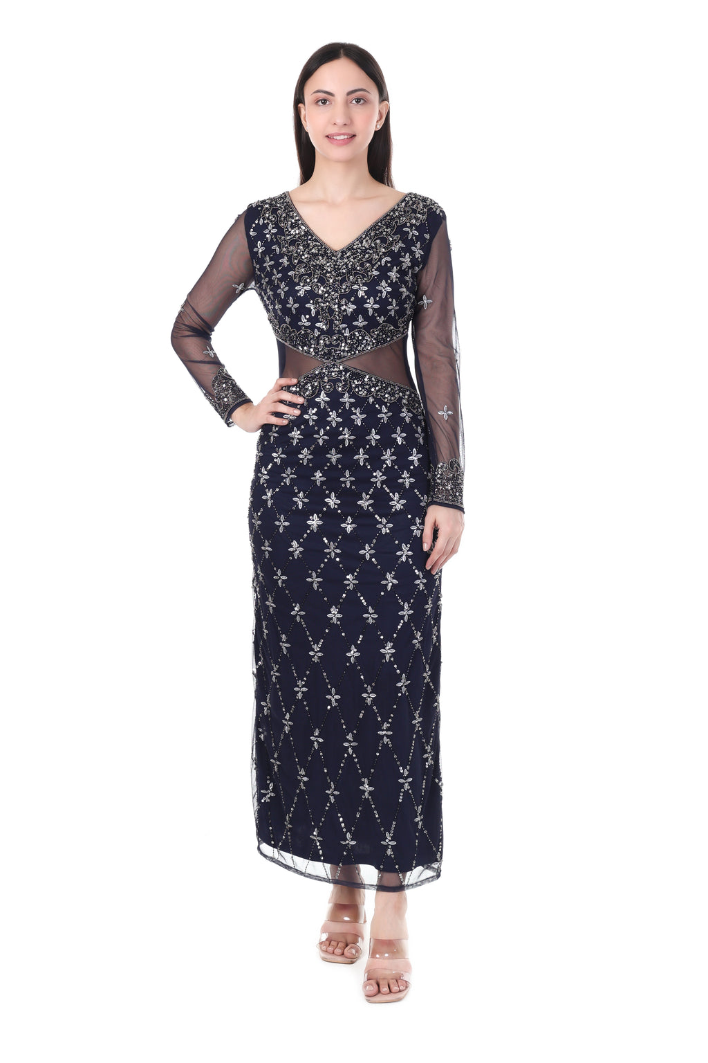 Famindia Women’s Navy Blue Embroidered Sheer Sleeve Party Gown