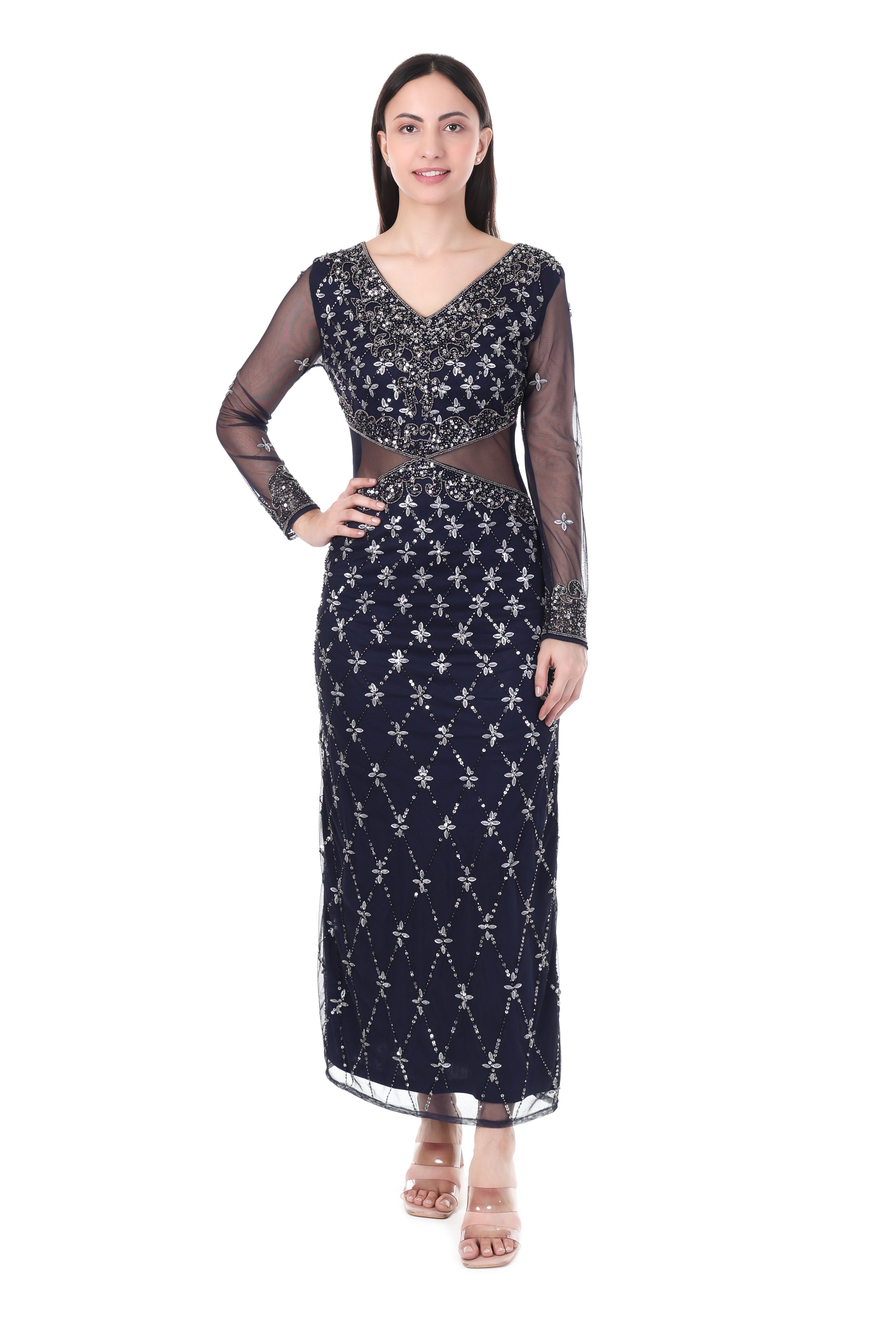 Famindia Women’s Navy Blue Embroidered Sheer Sleeve Party Gown