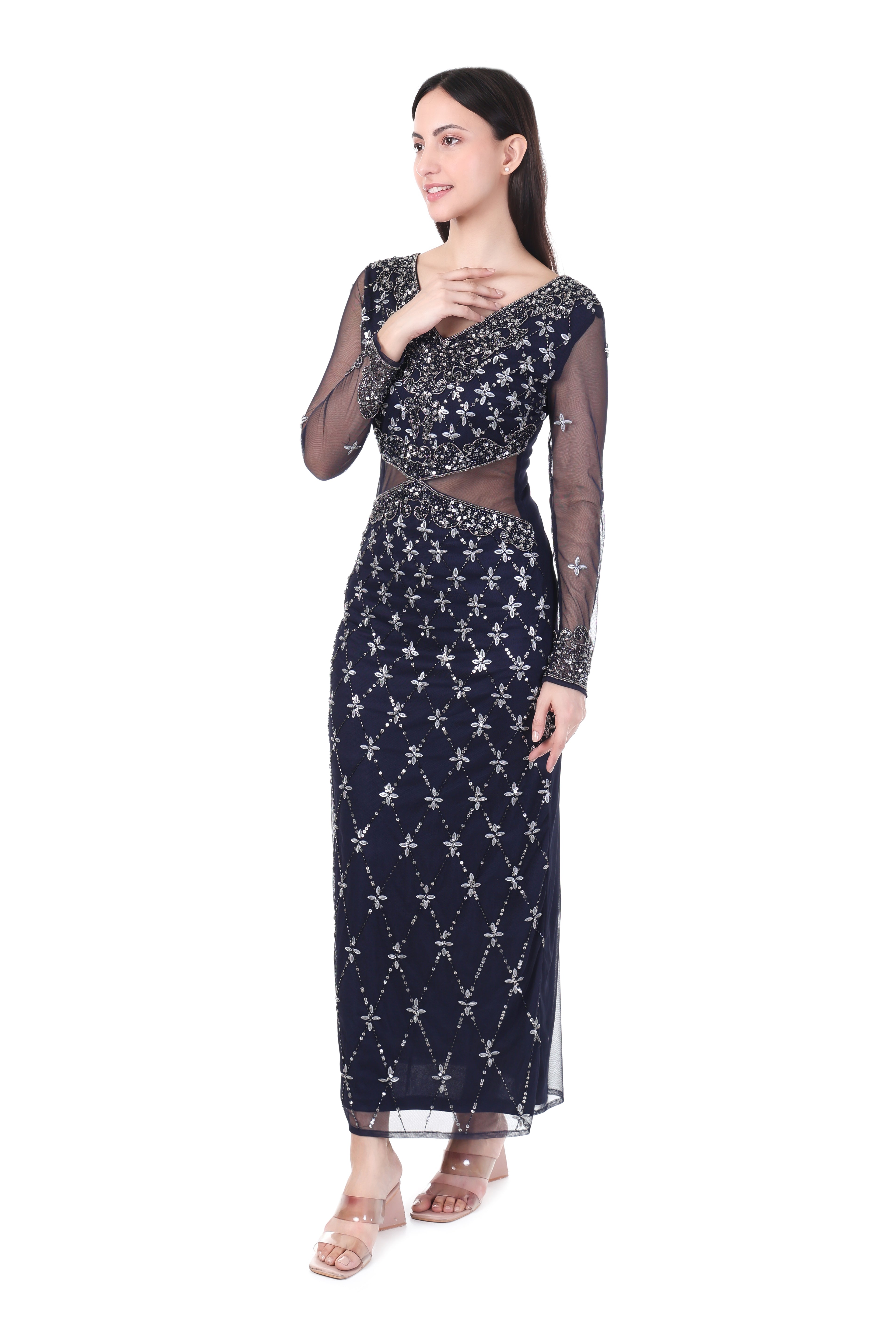 Famindia Women’s Navy Blue Embroidered Sheer Sleeve Party Gown