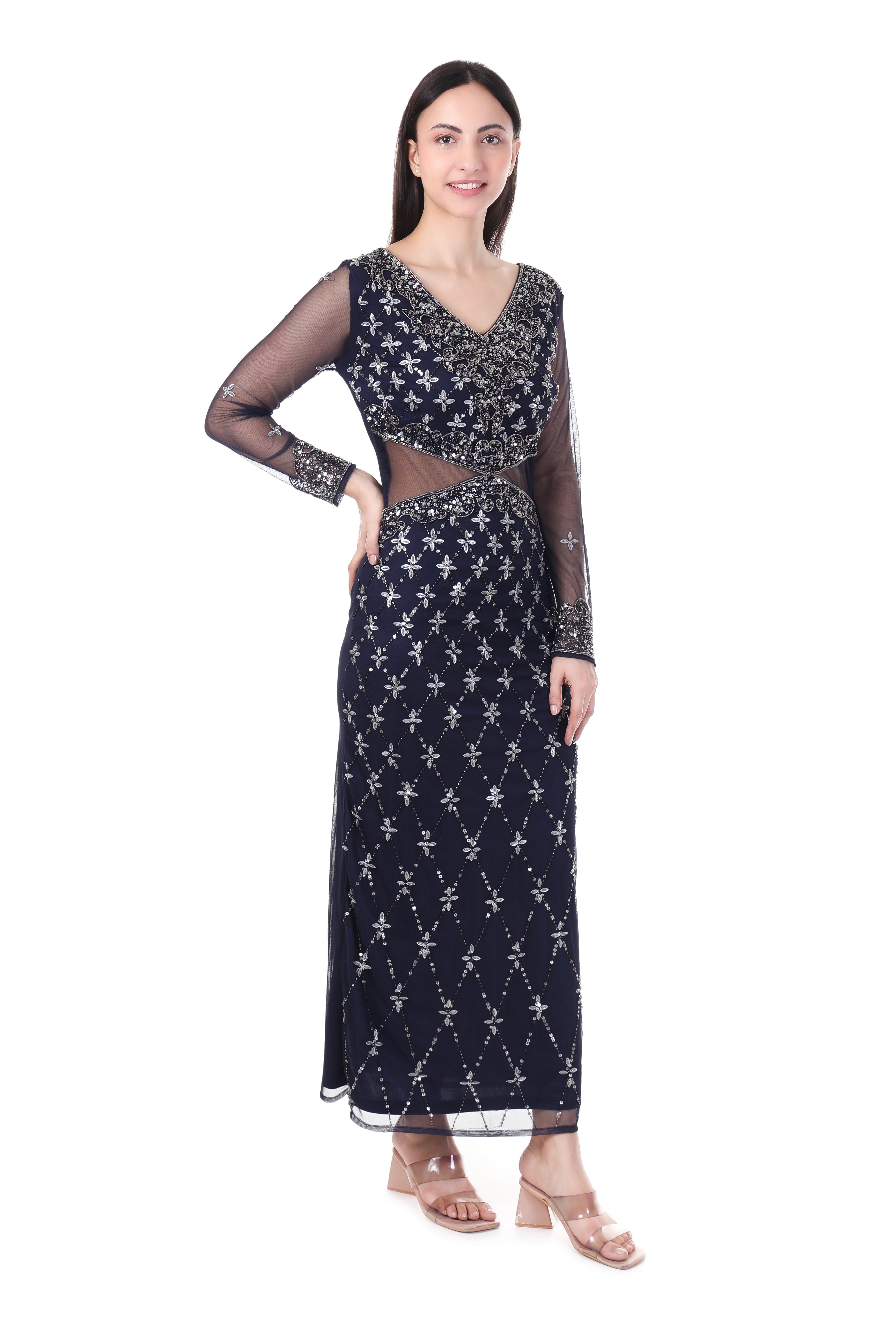 Famindia Women’s Navy Blue Embroidered Sheer Sleeve Party Gown