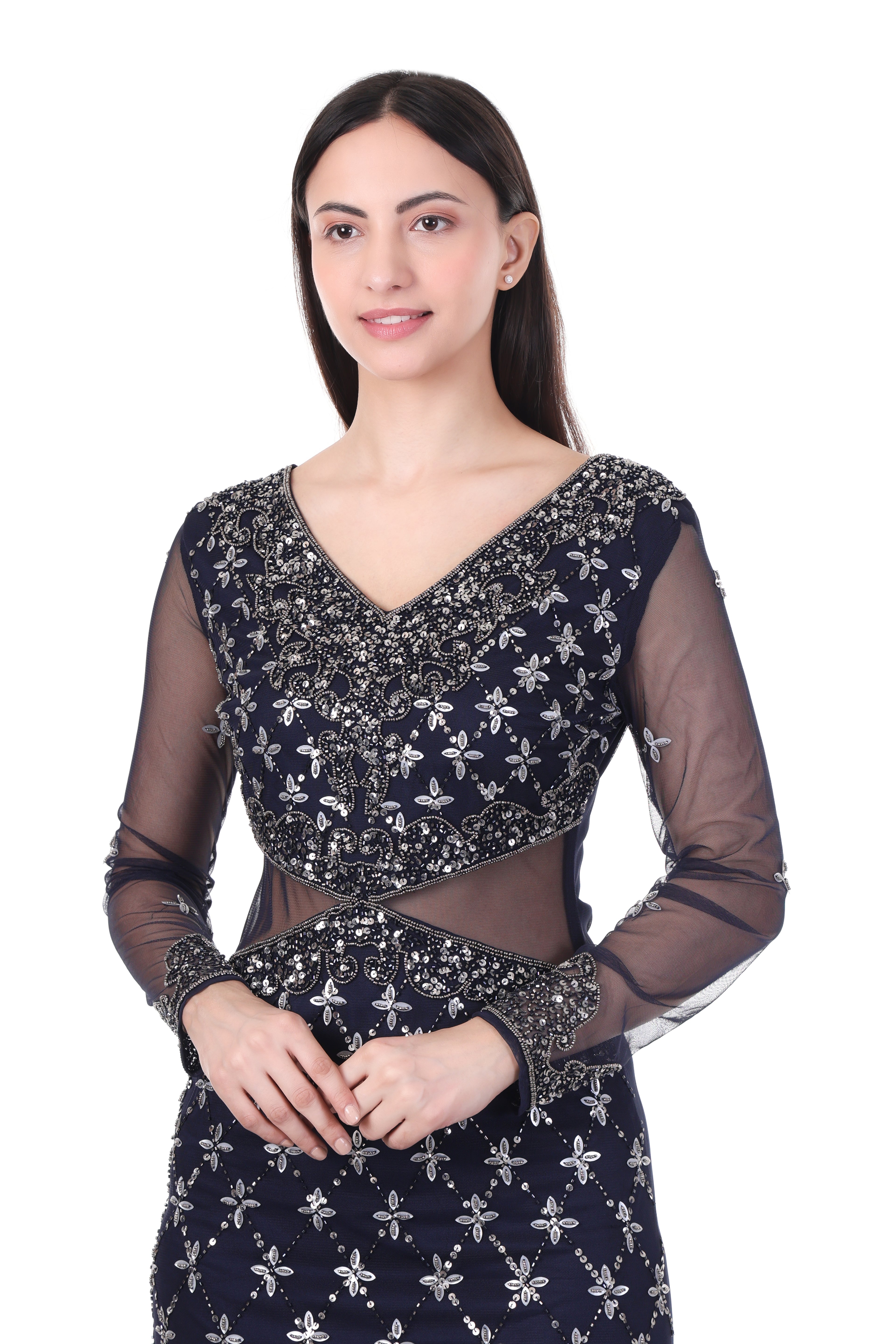 Famindia Women’s Navy Blue Embroidered Sheer Sleeve Party Gown