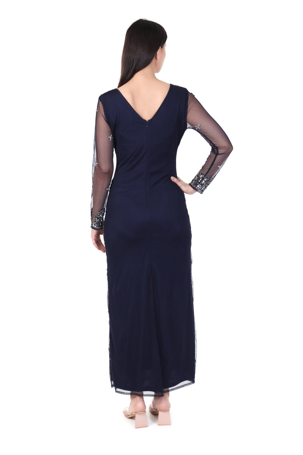 Famindia Women’s Navy Blue Embroidered Sheer Sleeve Party Gown
