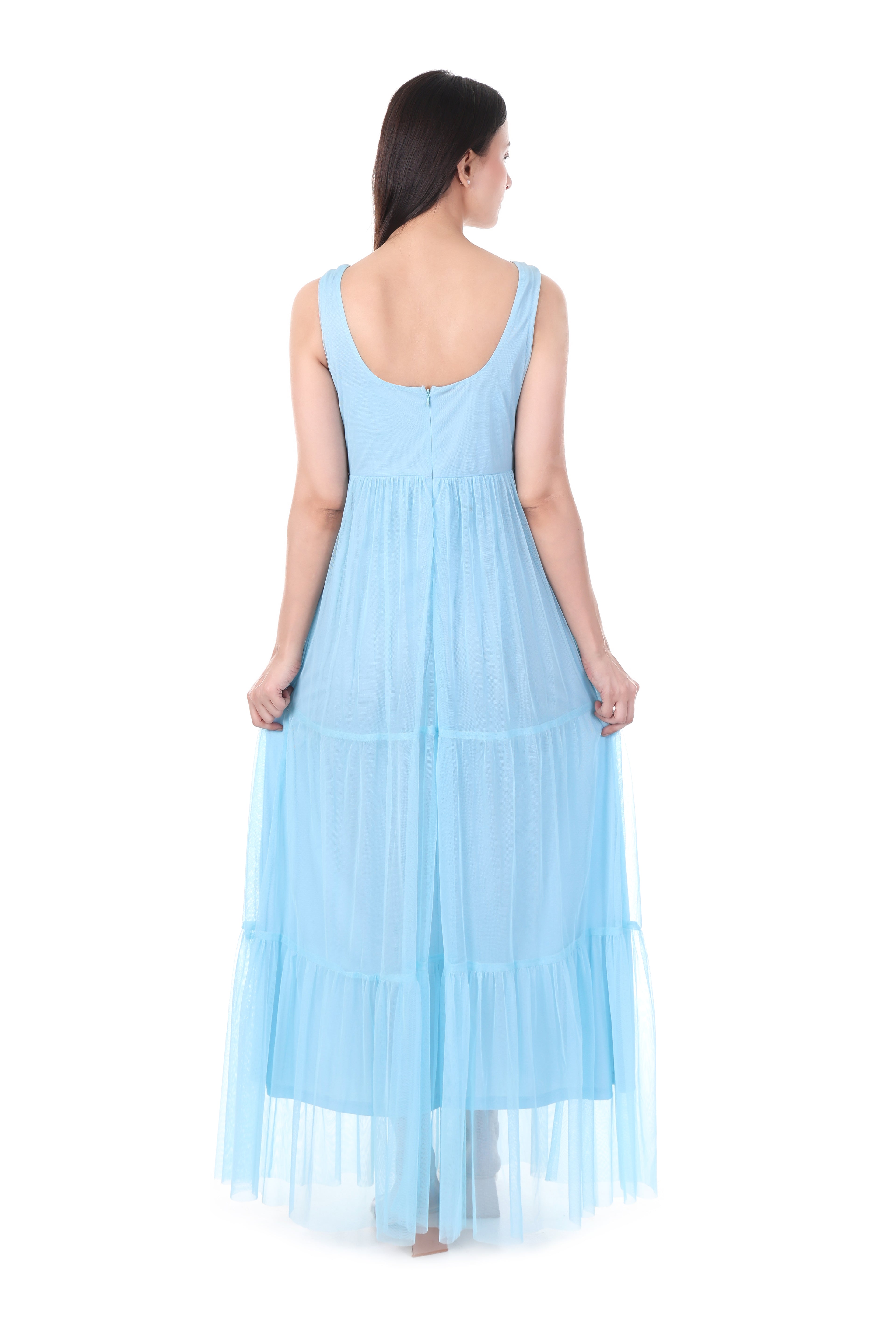 FAM India Sky Blue Embellished Tiered Maxi Dress