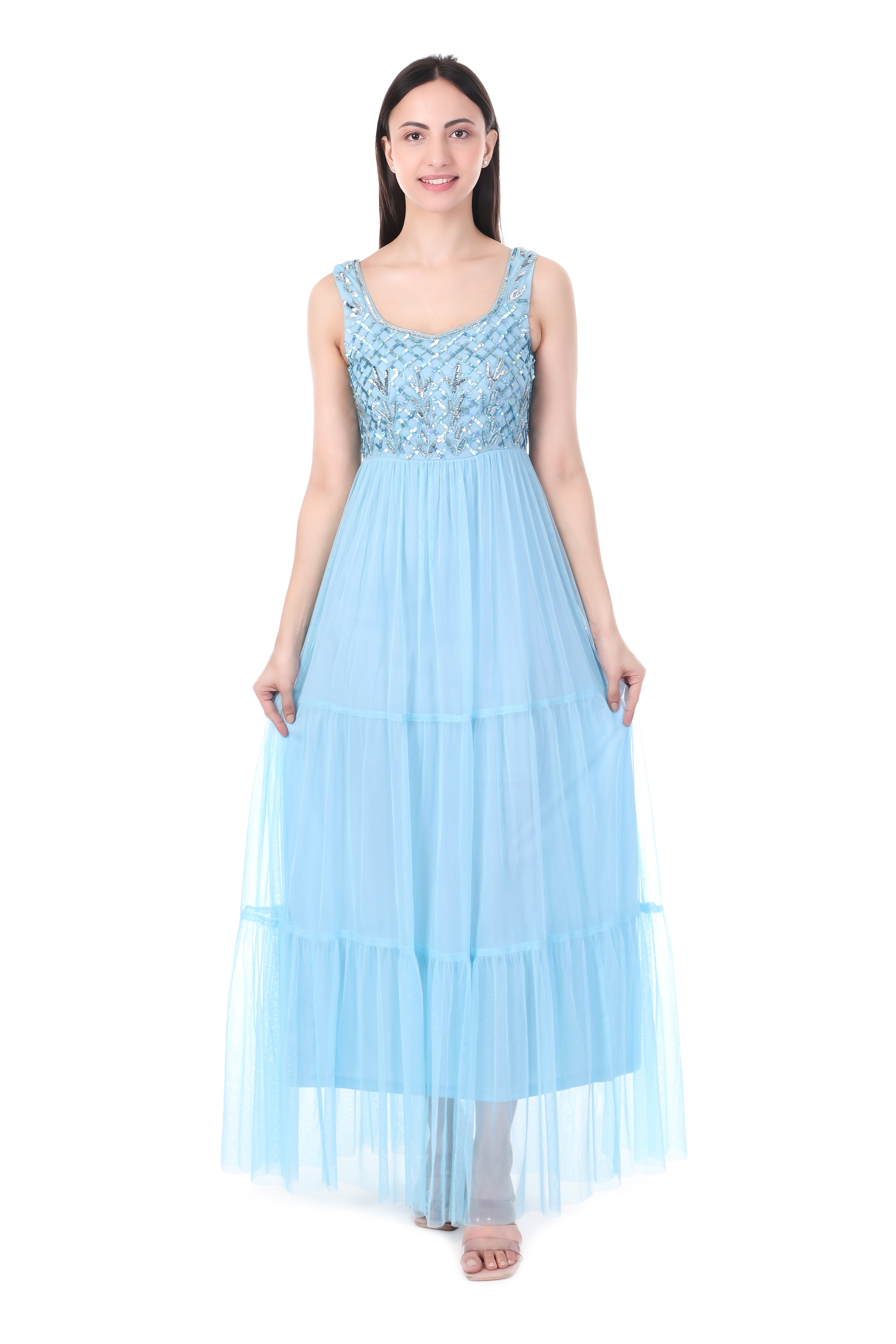 FAM India Sky Blue Embellished Tiered Maxi Dress