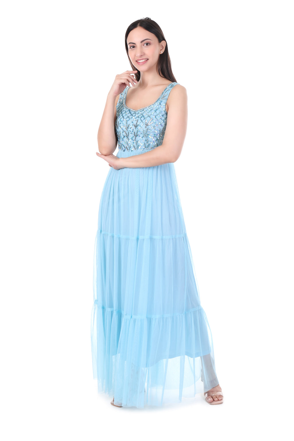 FAM India Sky Blue Embellished Tiered Maxi Dress