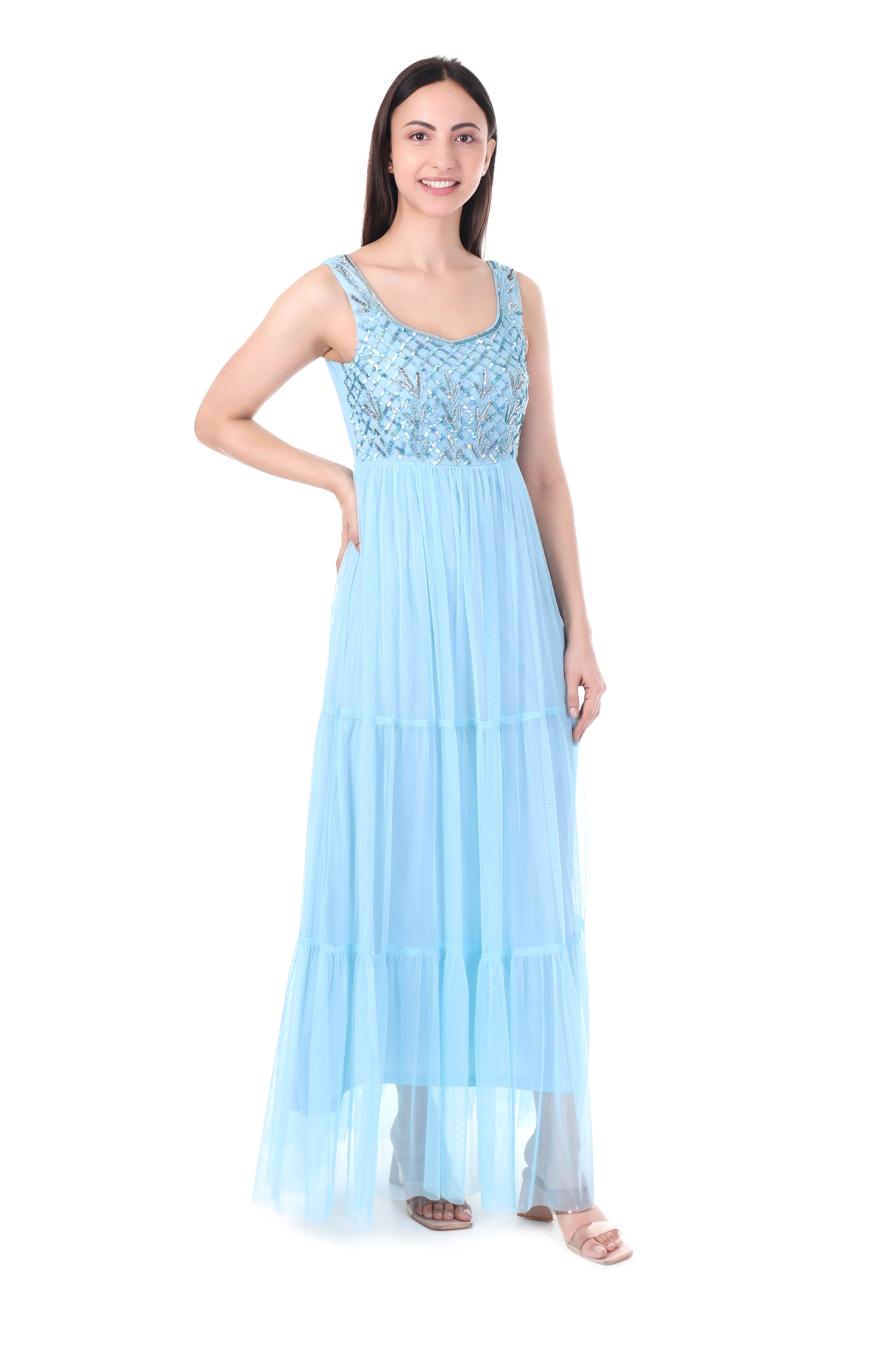 FAM India Sky Blue Embellished Tiered Maxi Dress