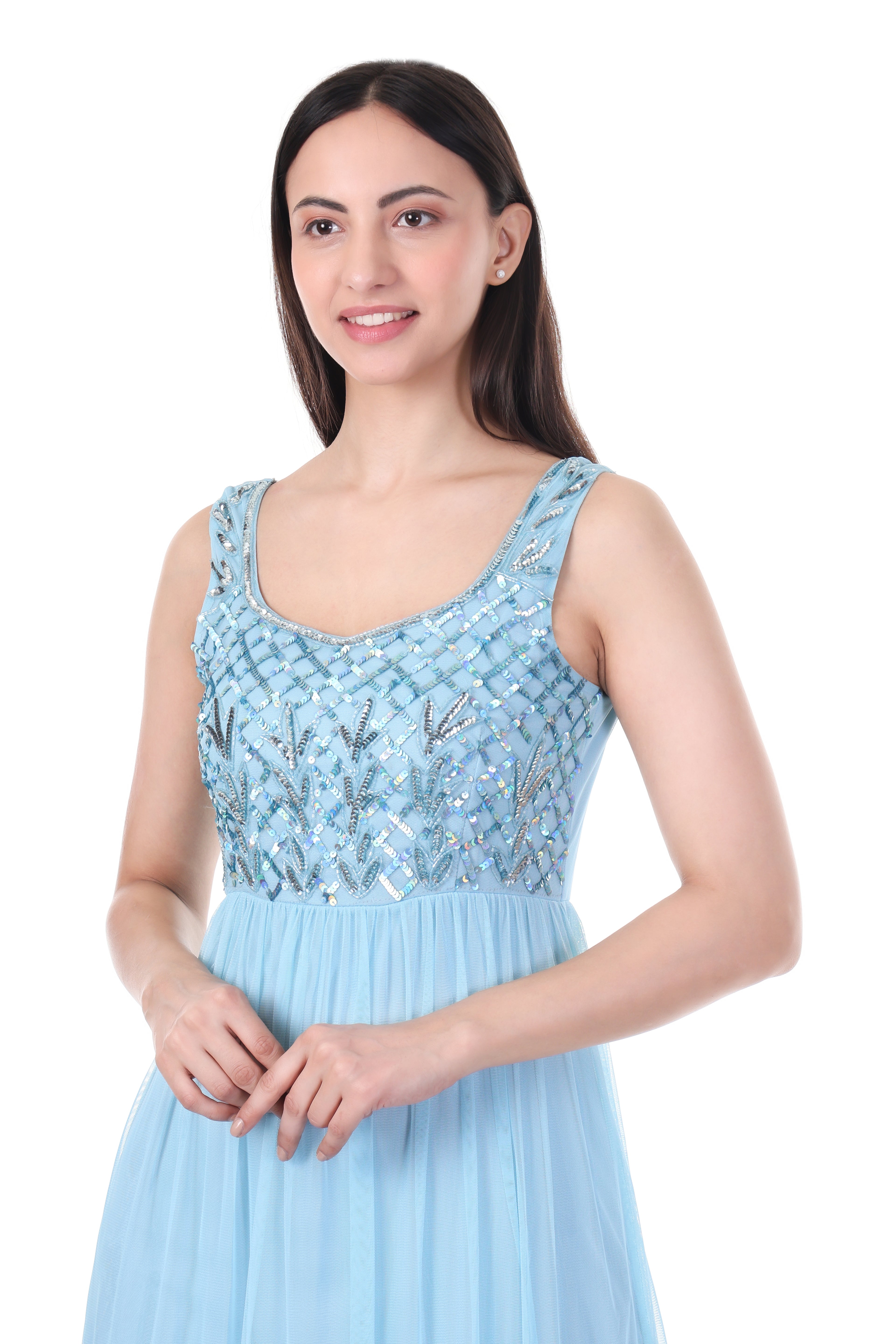 FAM India Sky Blue Embellished Tiered Maxi Dress