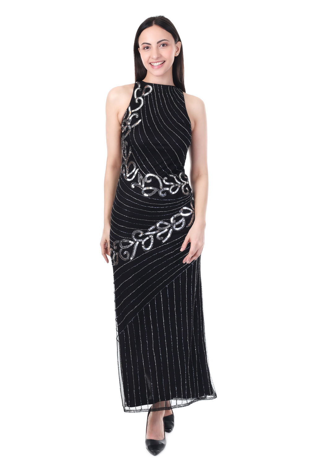 FAM India Black Embellished Sleeveless Evening Gown for Women