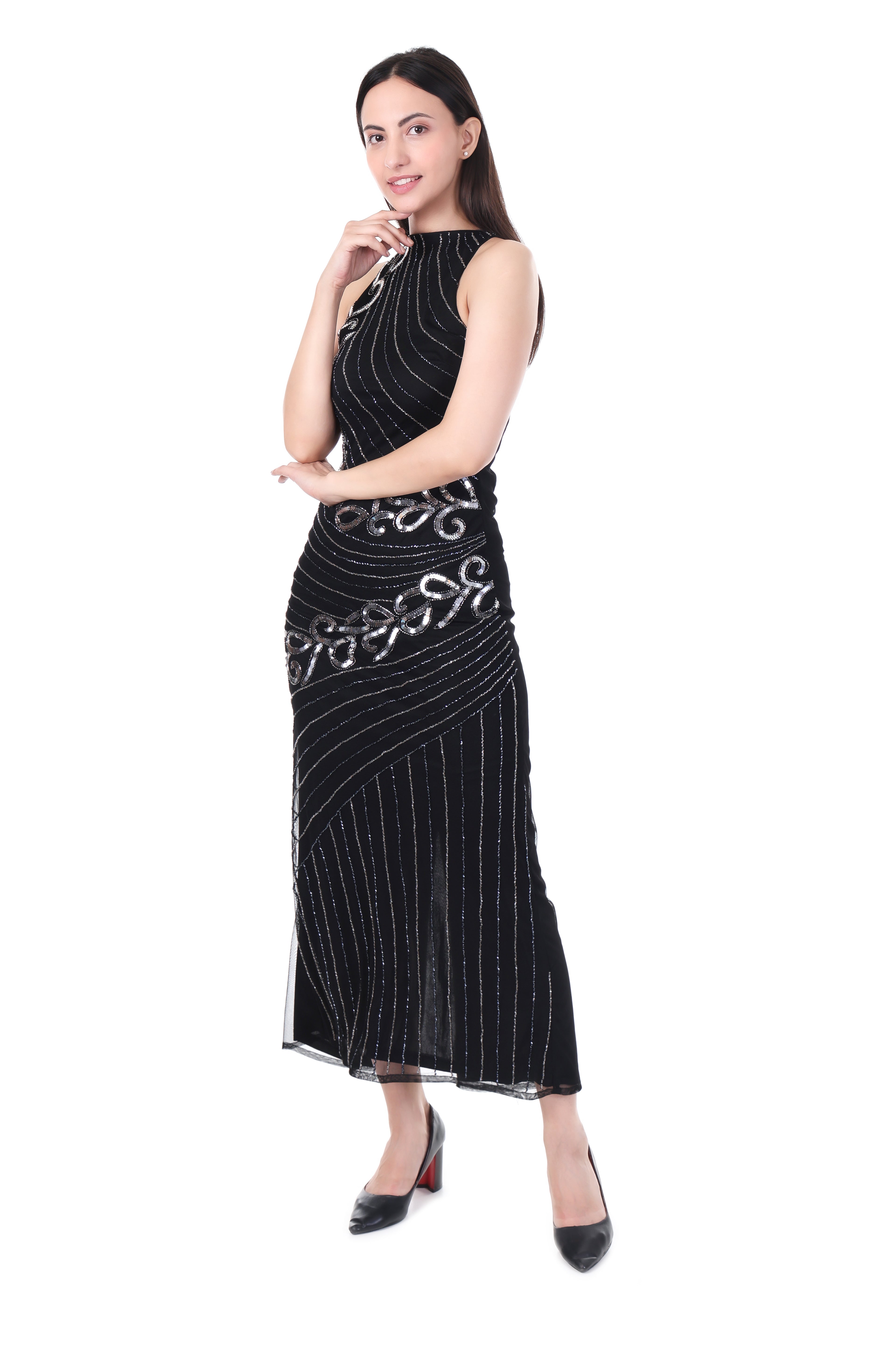 FAM India Black Embellished Sleeveless Evening Gown for Women
