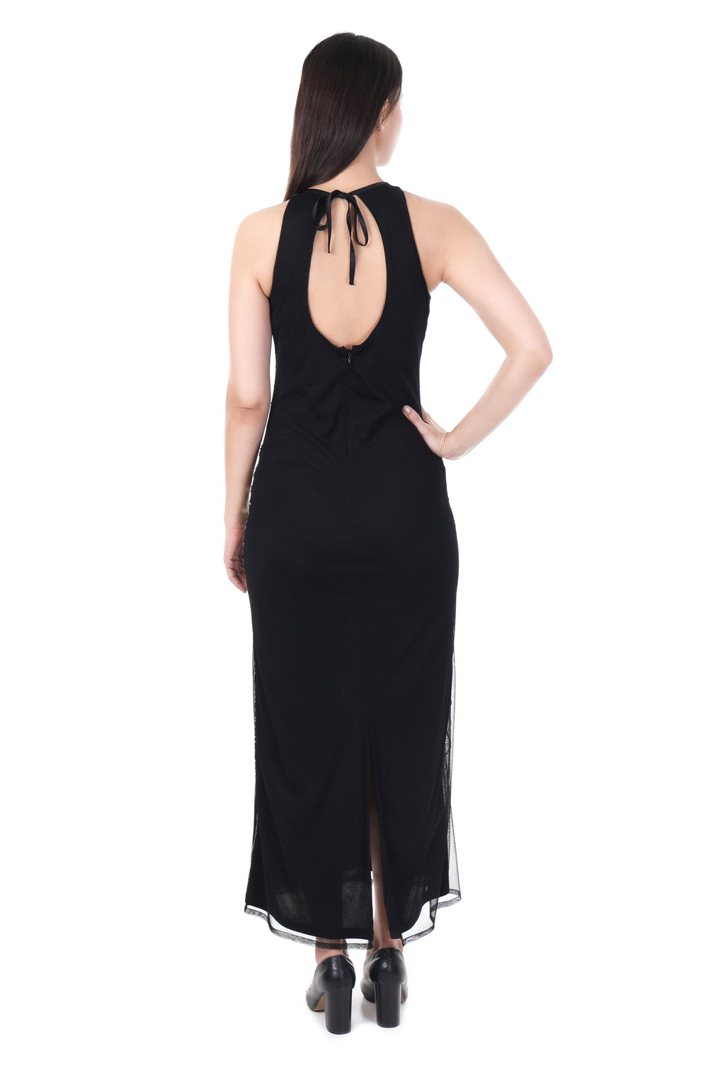 FAM India Black Embellished Sleeveless Evening Gown for Women
