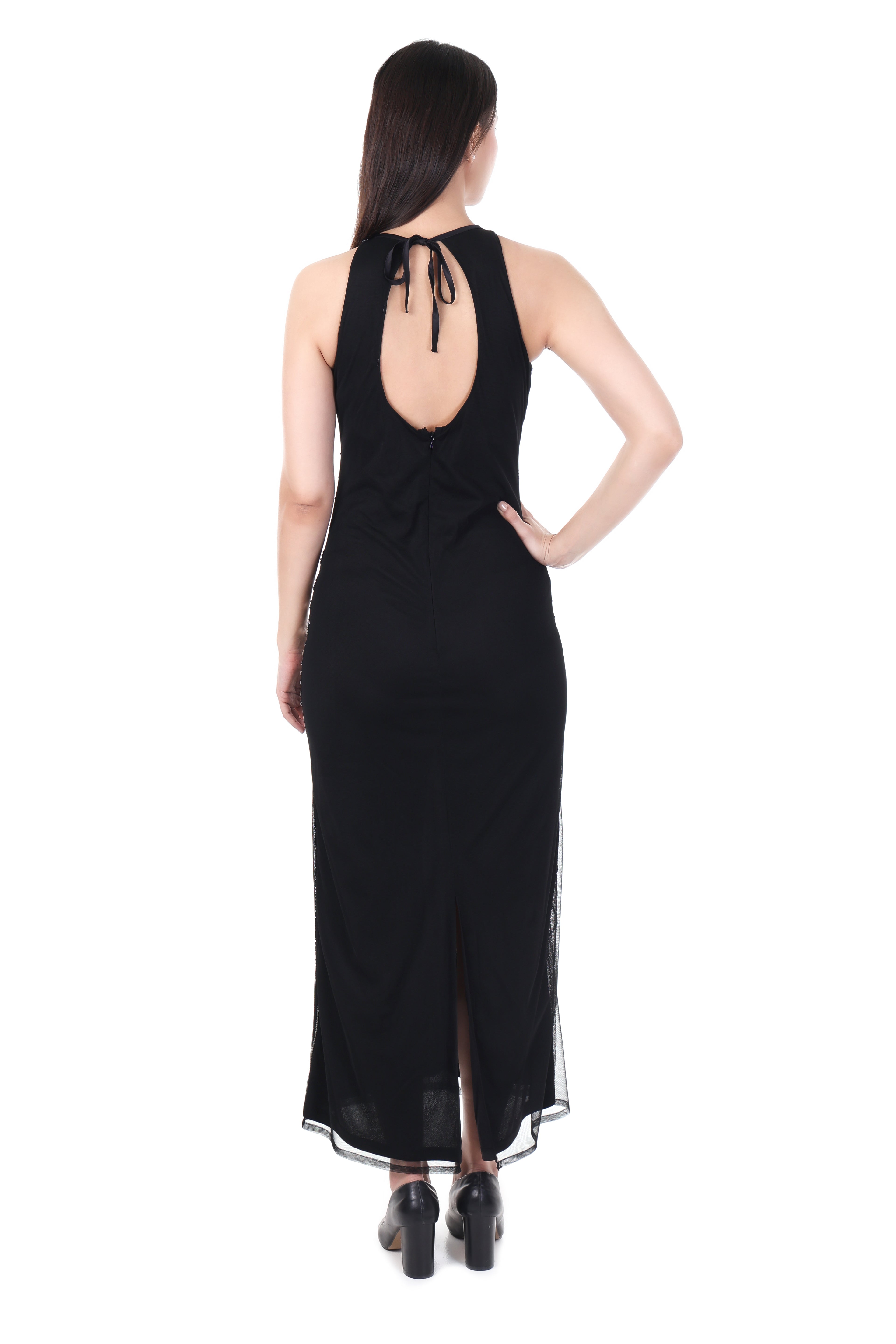 FAM India Black Embellished Sleeveless Evening Gown for Women