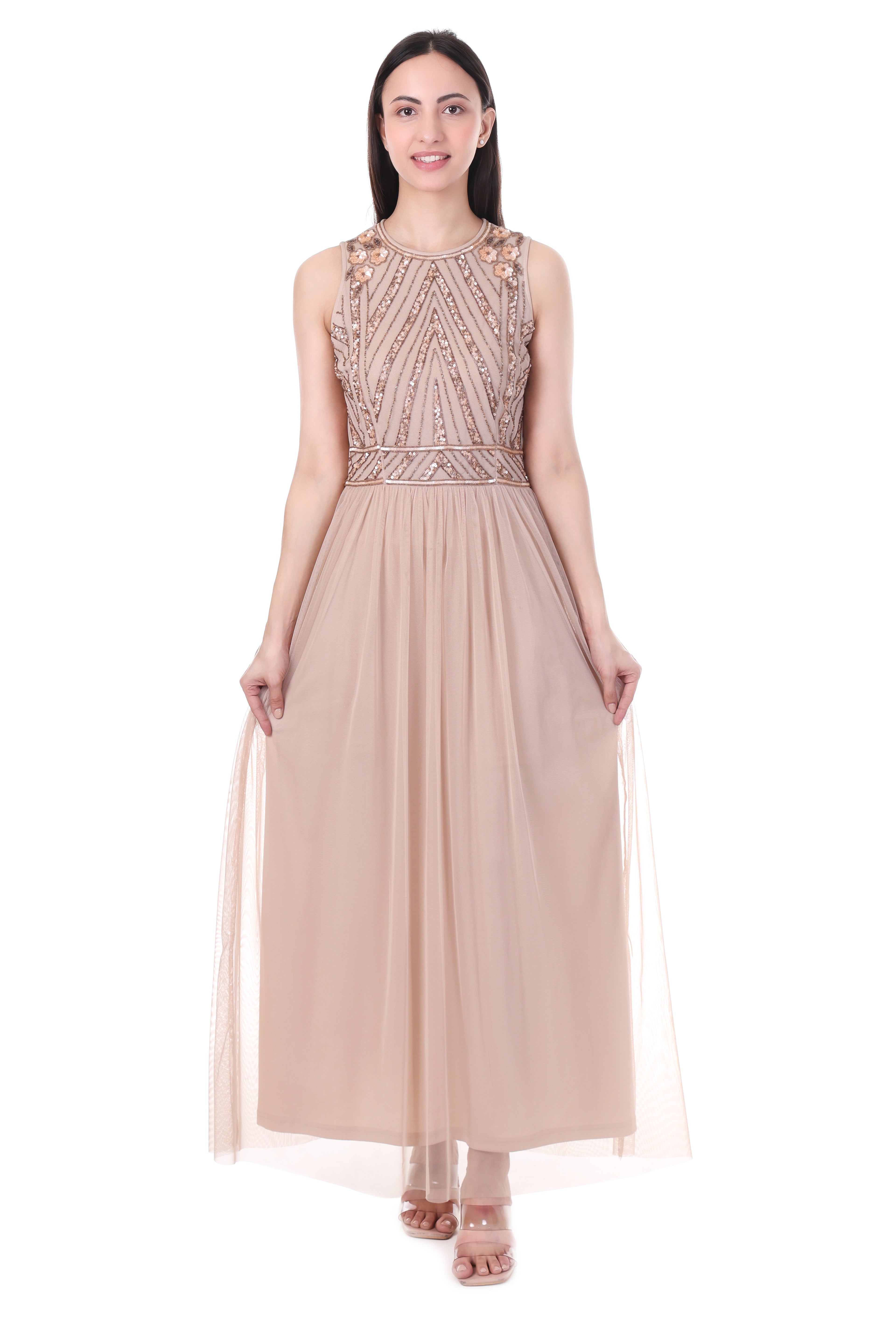 FAM India Peach Embellished Maxi Gown | Elegant Sleeveless Evening Party Wear Dress for Women