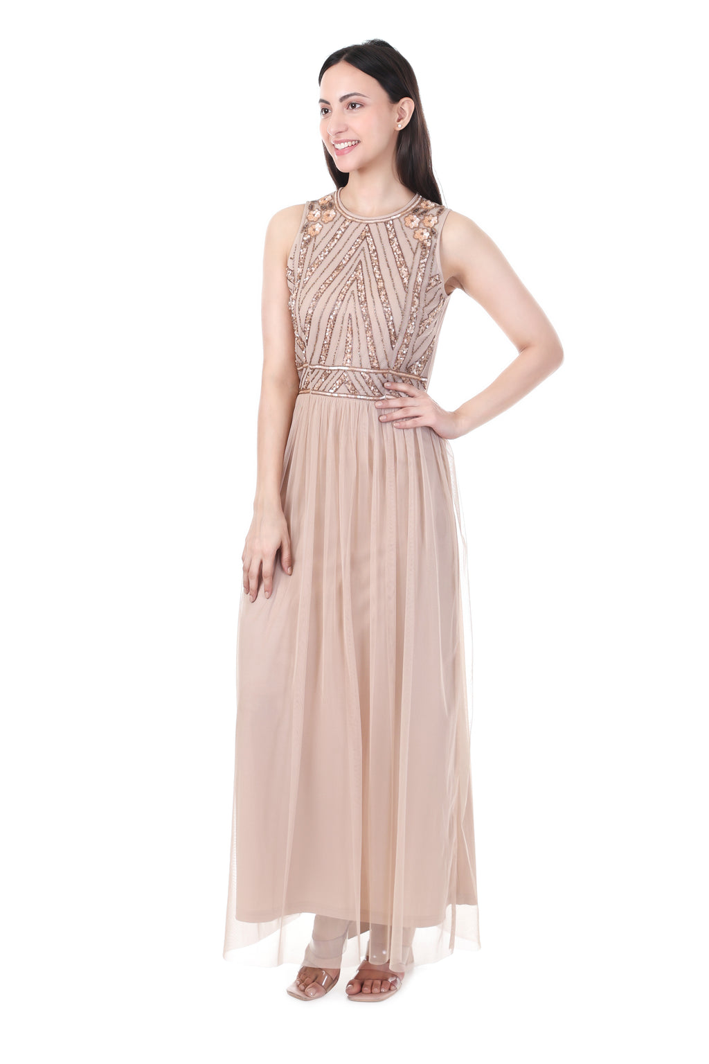 FAM India Peach Embellished Maxi Gown | Elegant Sleeveless Evening Party Wear Dress for Women