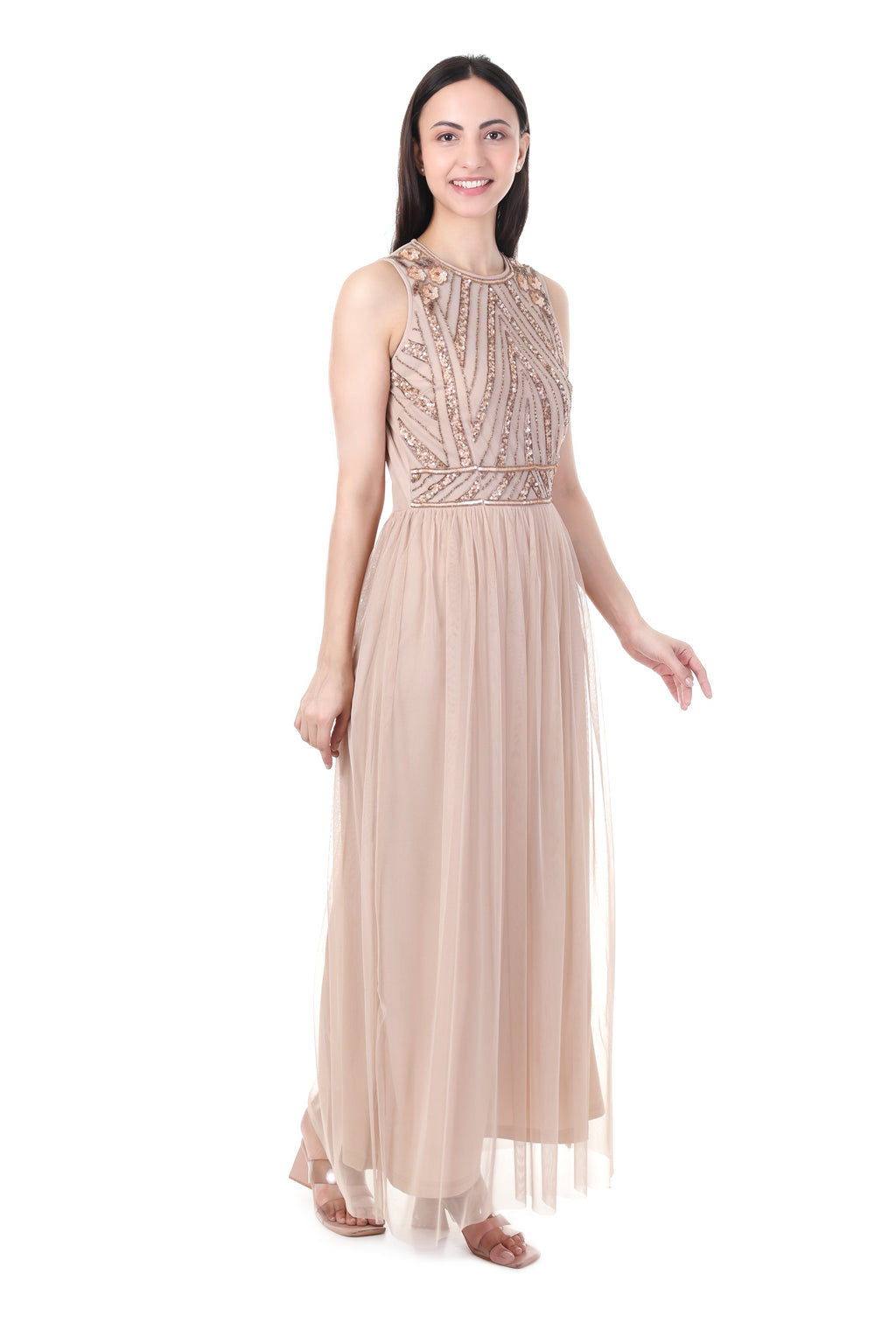 FAM India Peach Embellished Maxi Gown | Elegant Sleeveless Evening Party Wear Dress for Women