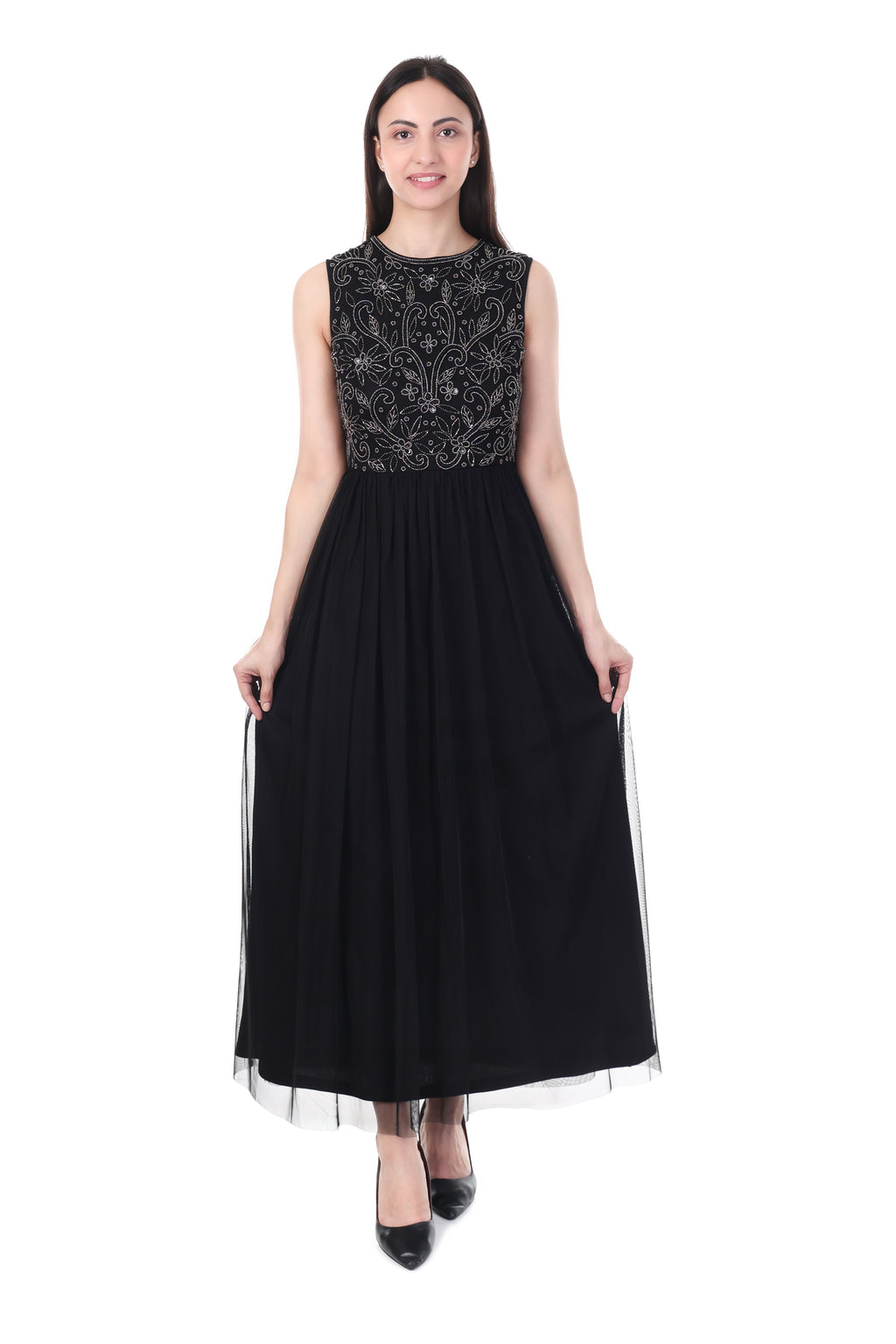 FAM India Black Embroidered Sleeveless Maxi Dress for Women – Elegant Party & Evening Wear