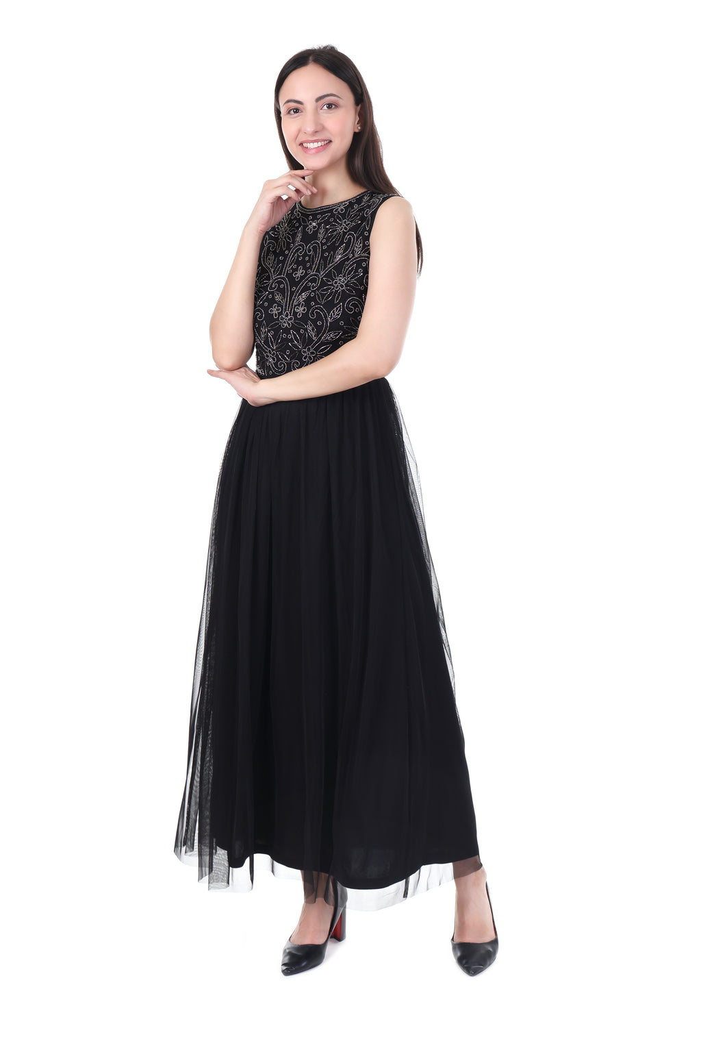 FAM India Black Embroidered Sleeveless Maxi Dress for Women – Elegant Party & Evening Wear