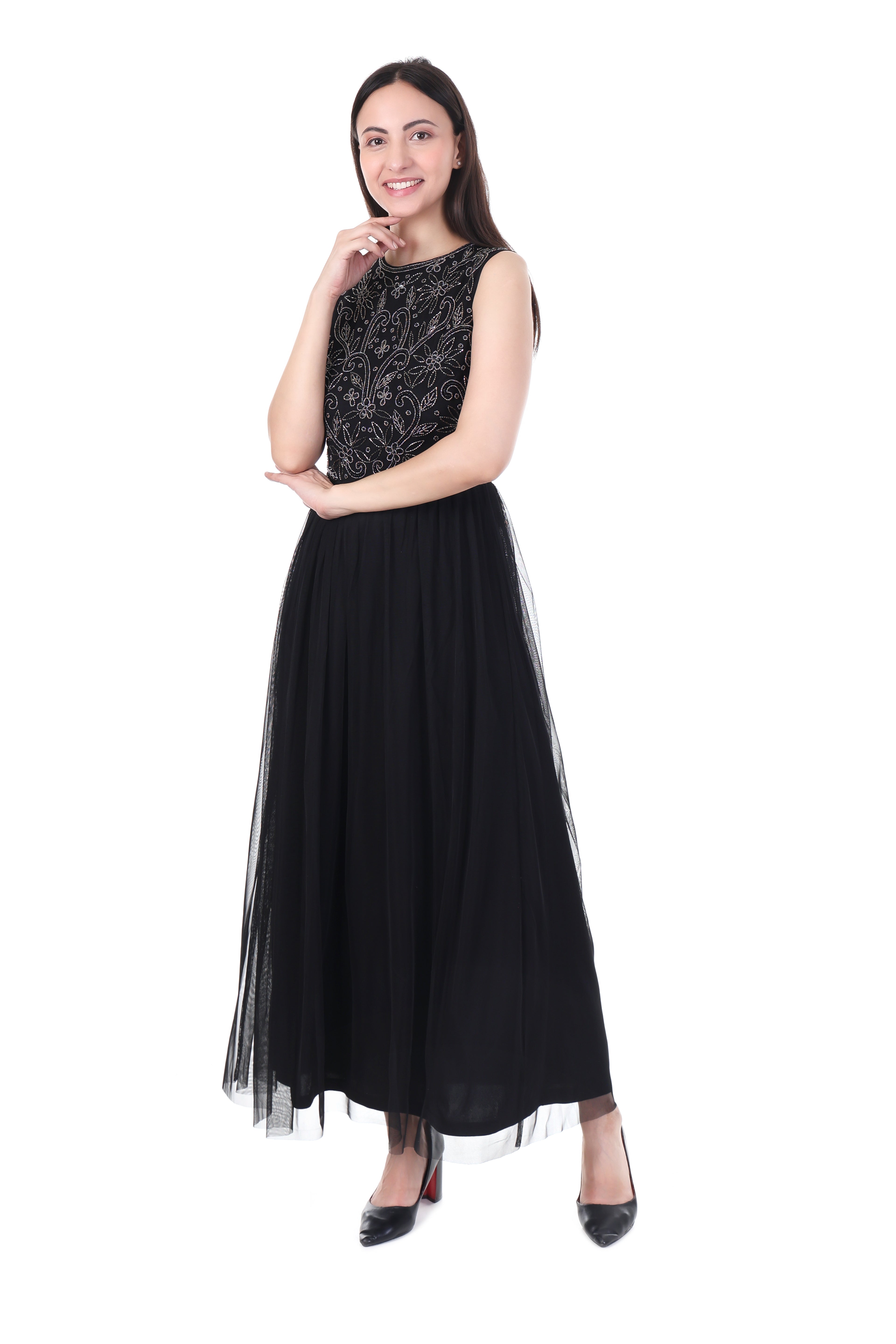 FAM India Black Embroidered Sleeveless Maxi Dress for Women – Elegant Party & Evening Wear