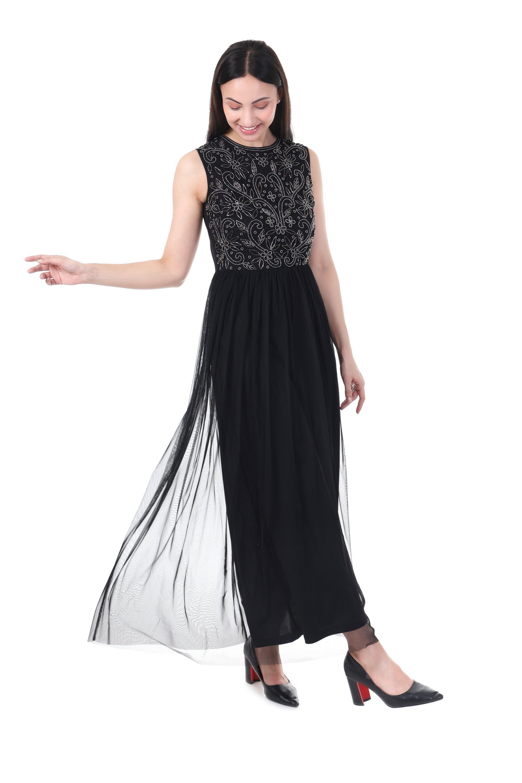 FAM India Black Embroidered Sleeveless Maxi Dress for Women – Elegant Party & Evening Wear