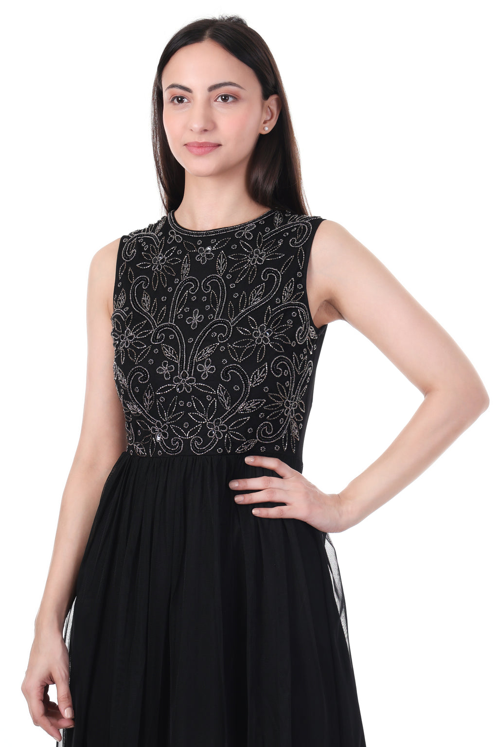 FAM India Black Embroidered Sleeveless Maxi Dress for Women – Elegant Party & Evening Wear