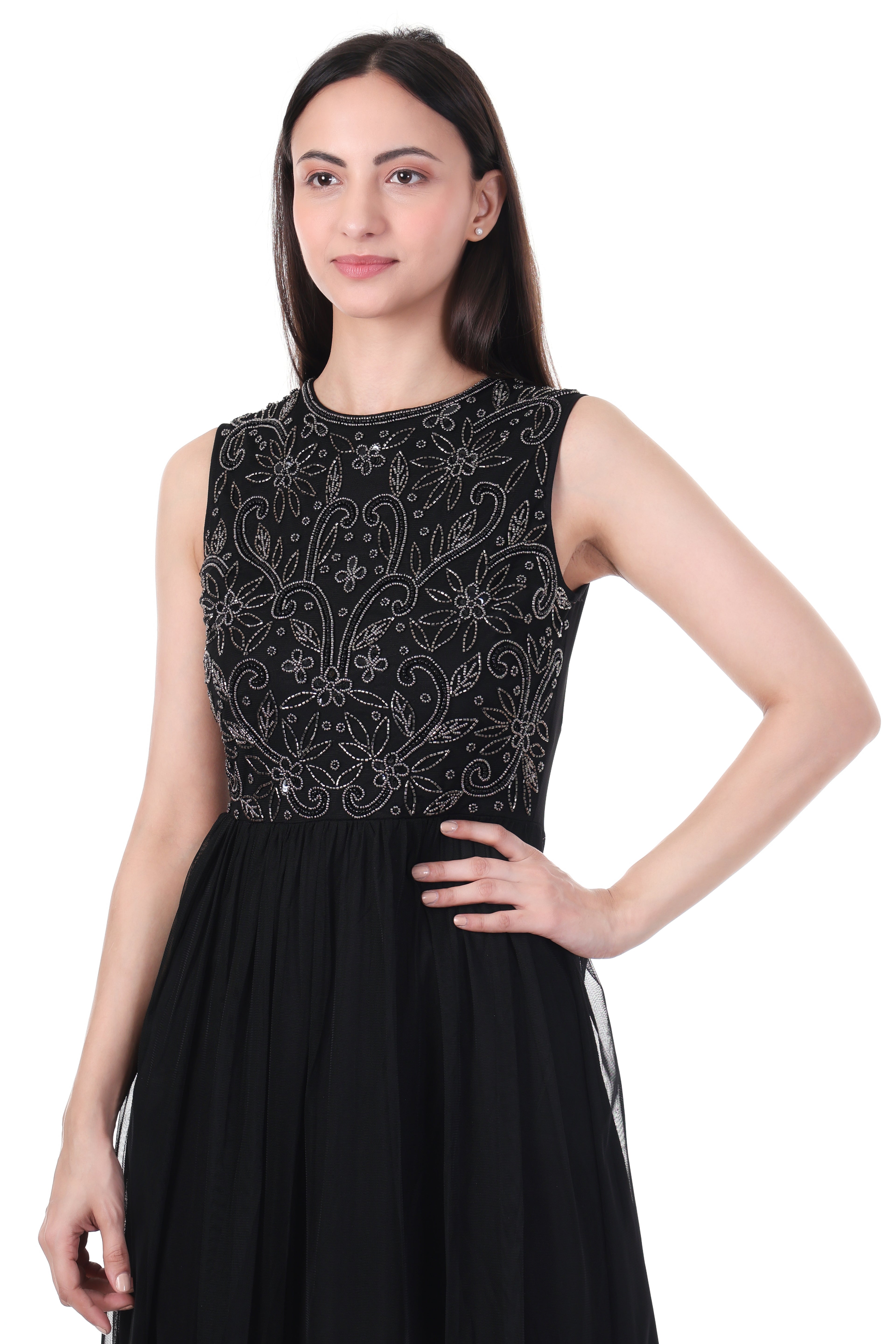 FAM India Black Embroidered Sleeveless Maxi Dress for Women – Elegant Party & Evening Wear