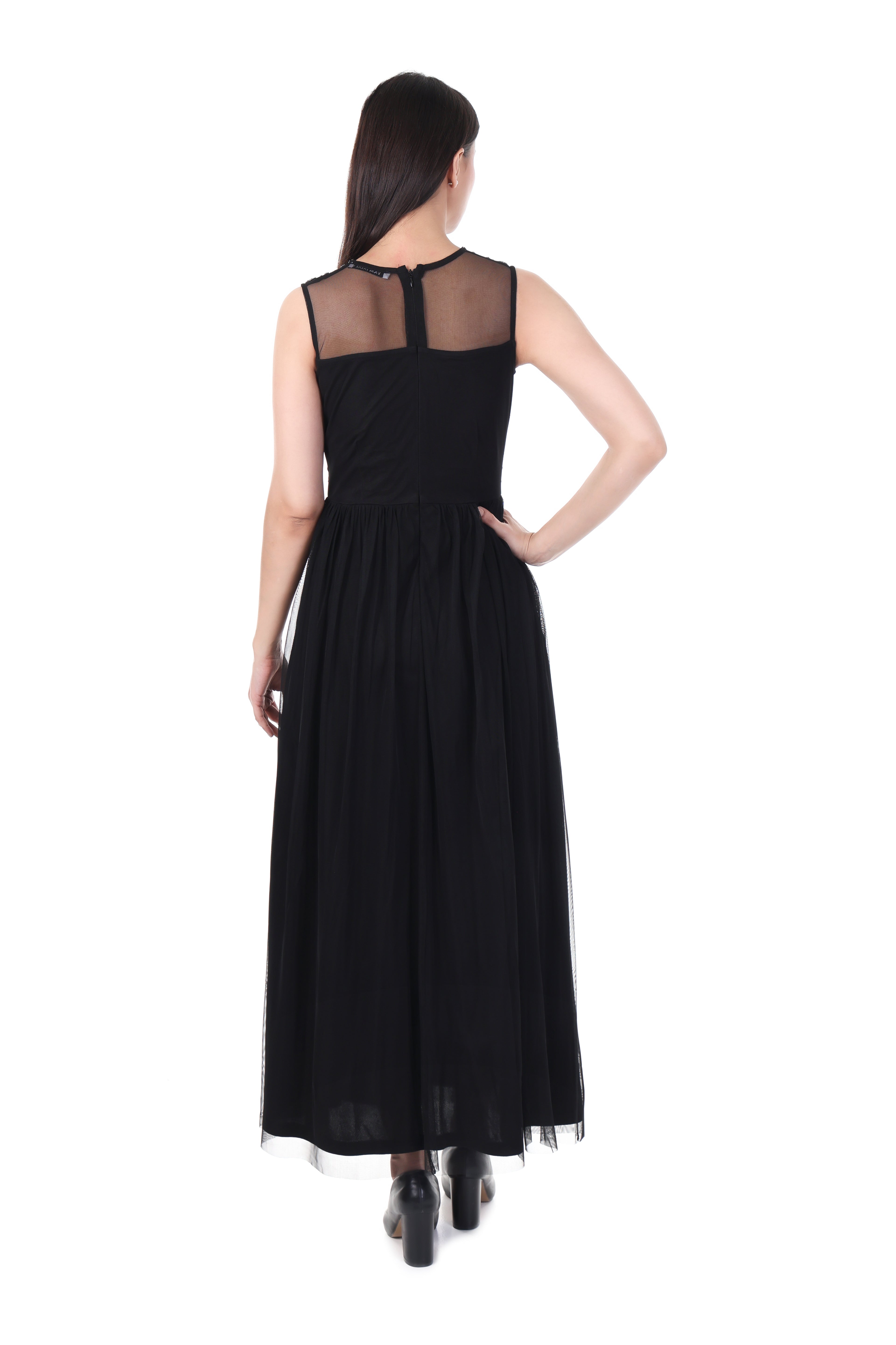FAM India Black Embroidered Sleeveless Maxi Dress for Women – Elegant Party & Evening Wear