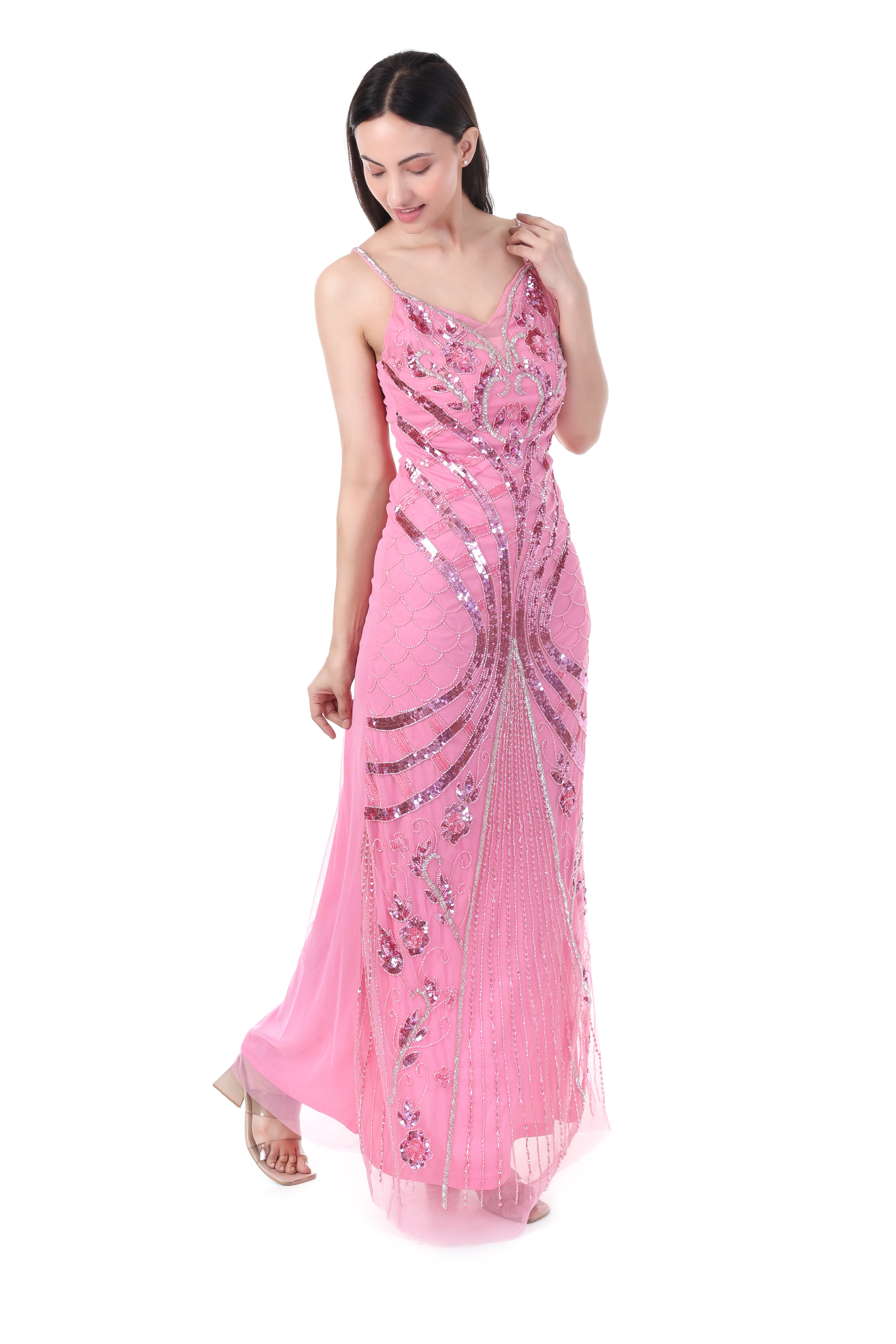 FAM India Pink Embellished Sleeveless Evening Gown for Women